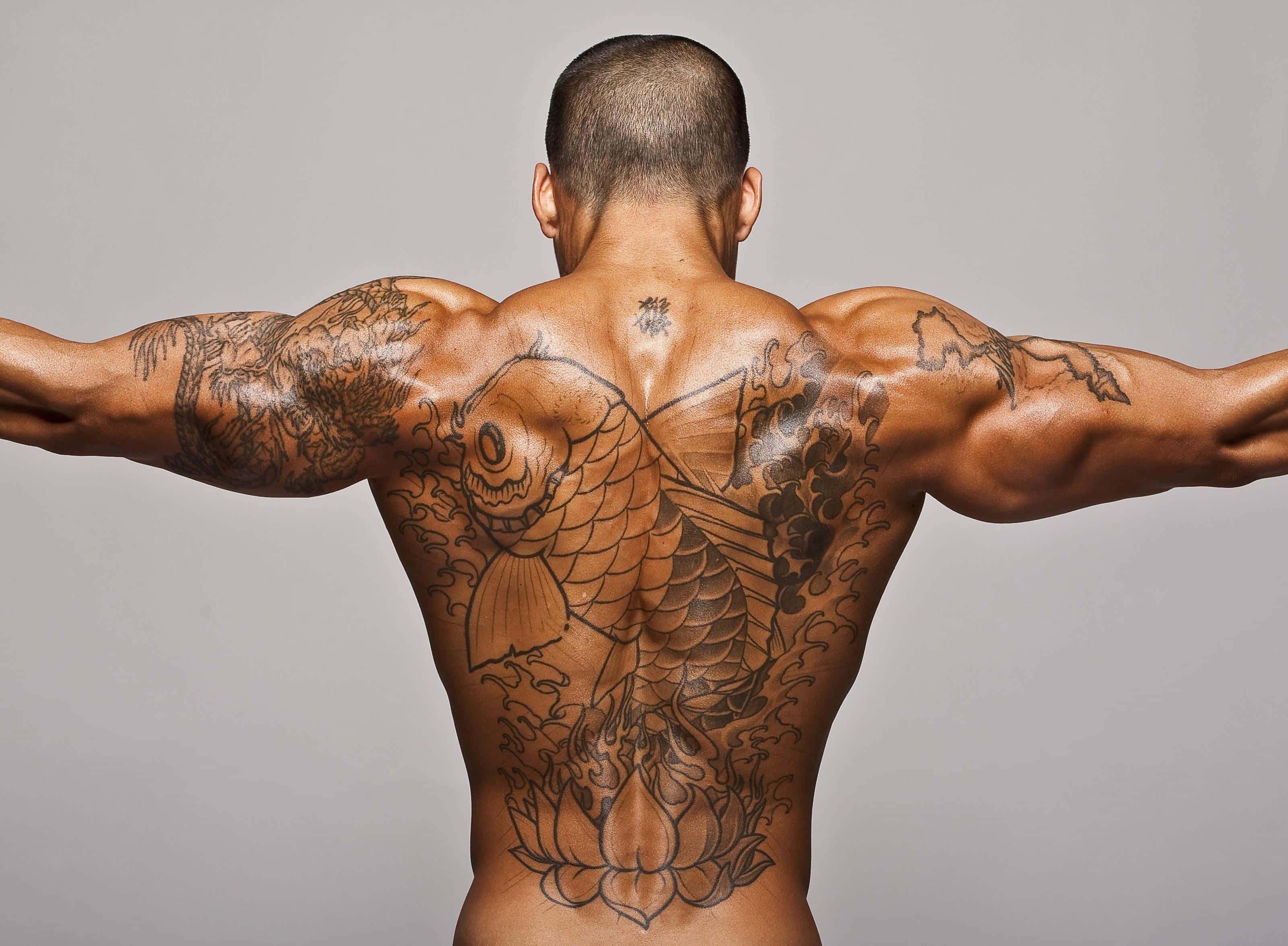 koi fish tattoo, entire back, muscular man, 2K Desktop Wallpaper
