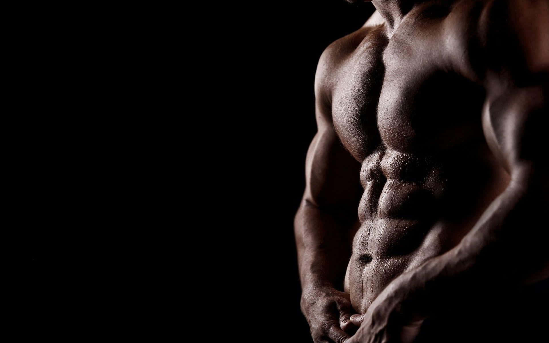 muscular male torso, glistens with sweat, stark black background, Full HD Desktop Wallpaper