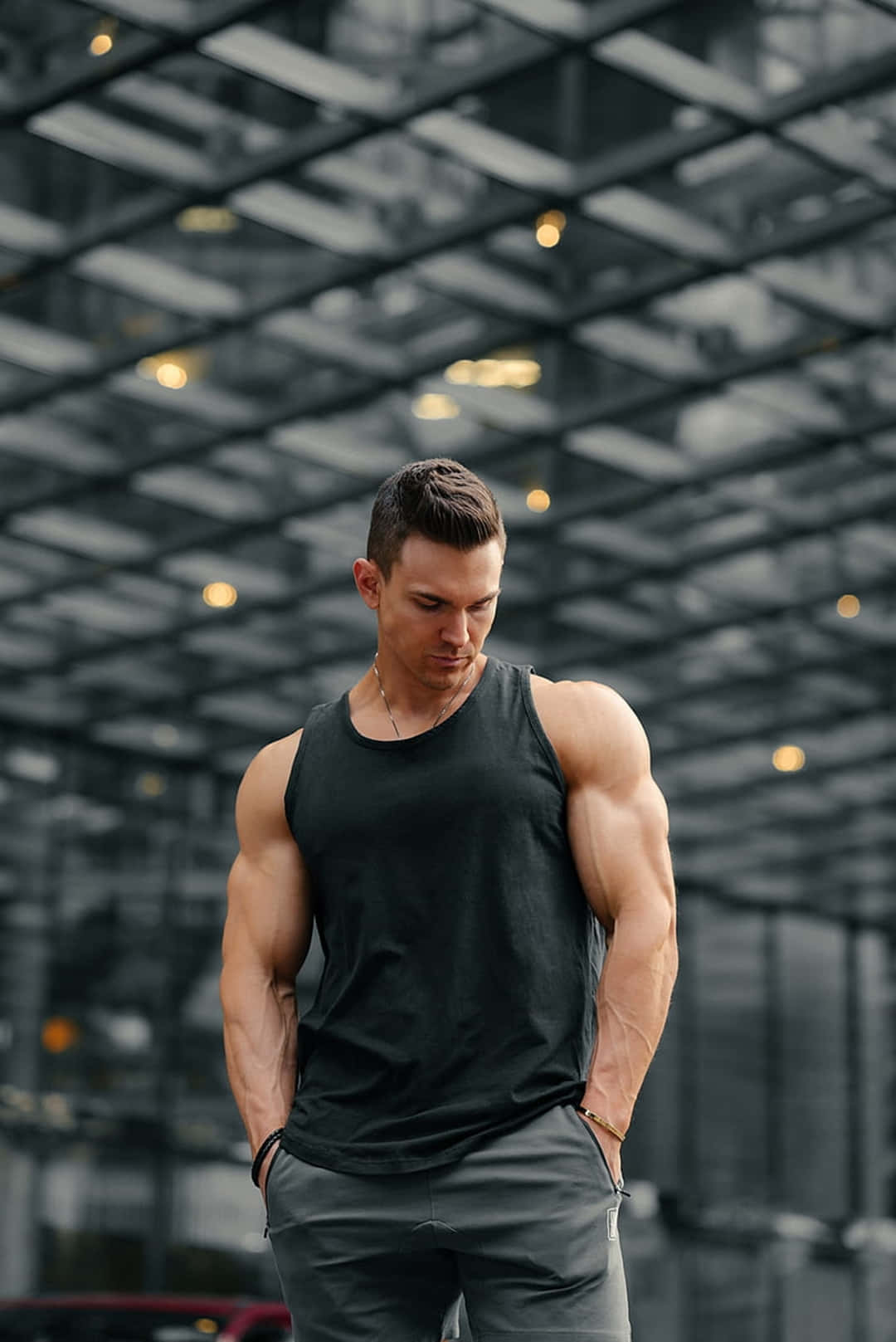 muscular man, black tank top, modern glass ceiling, HD Phone Wallpaper