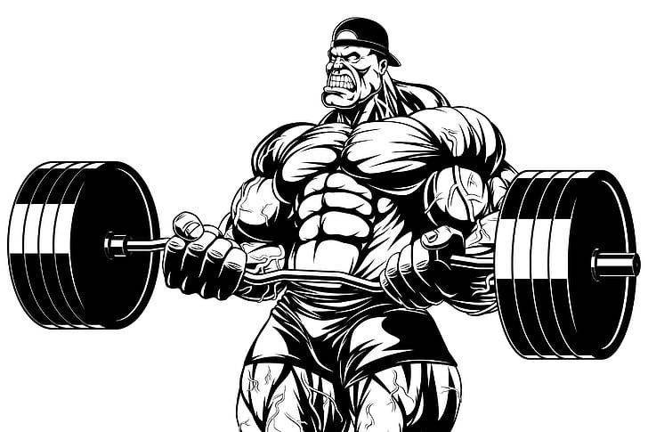 black and white illustration, muscular man, cap, SD Desktop Wallpaper