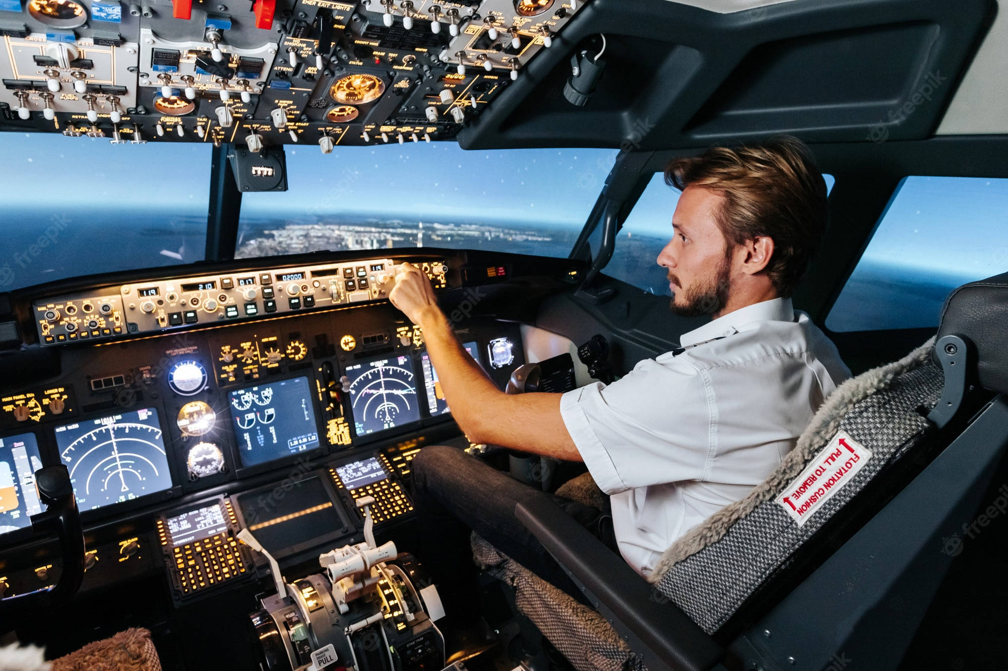 Boeing 737-800, flight simulator cockpit, glowing instruments, Full HD Desktop Wallpaper