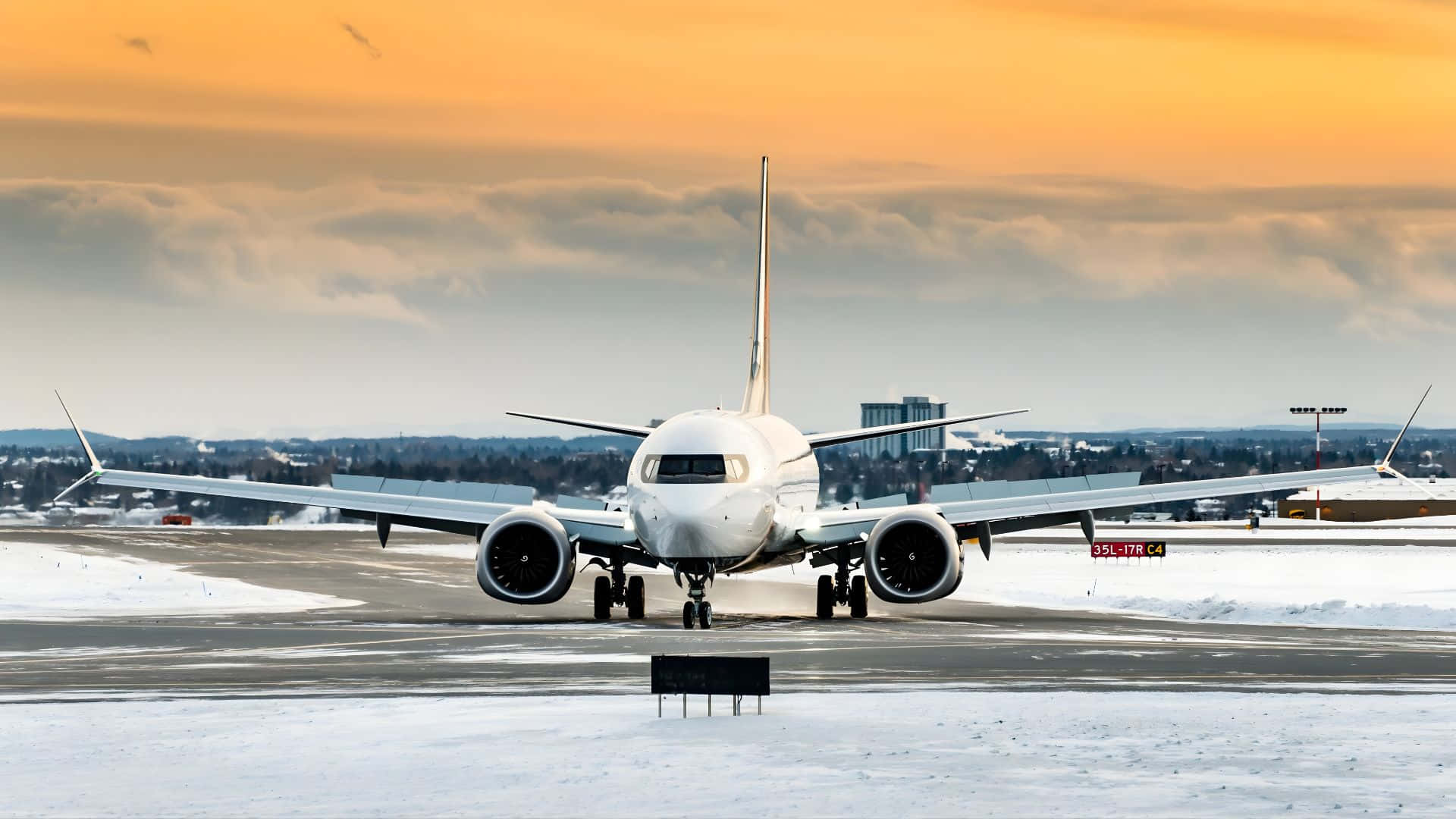 Boeing 737, snow-dusted runway, sunset, Full HD Desktop Wallpaper