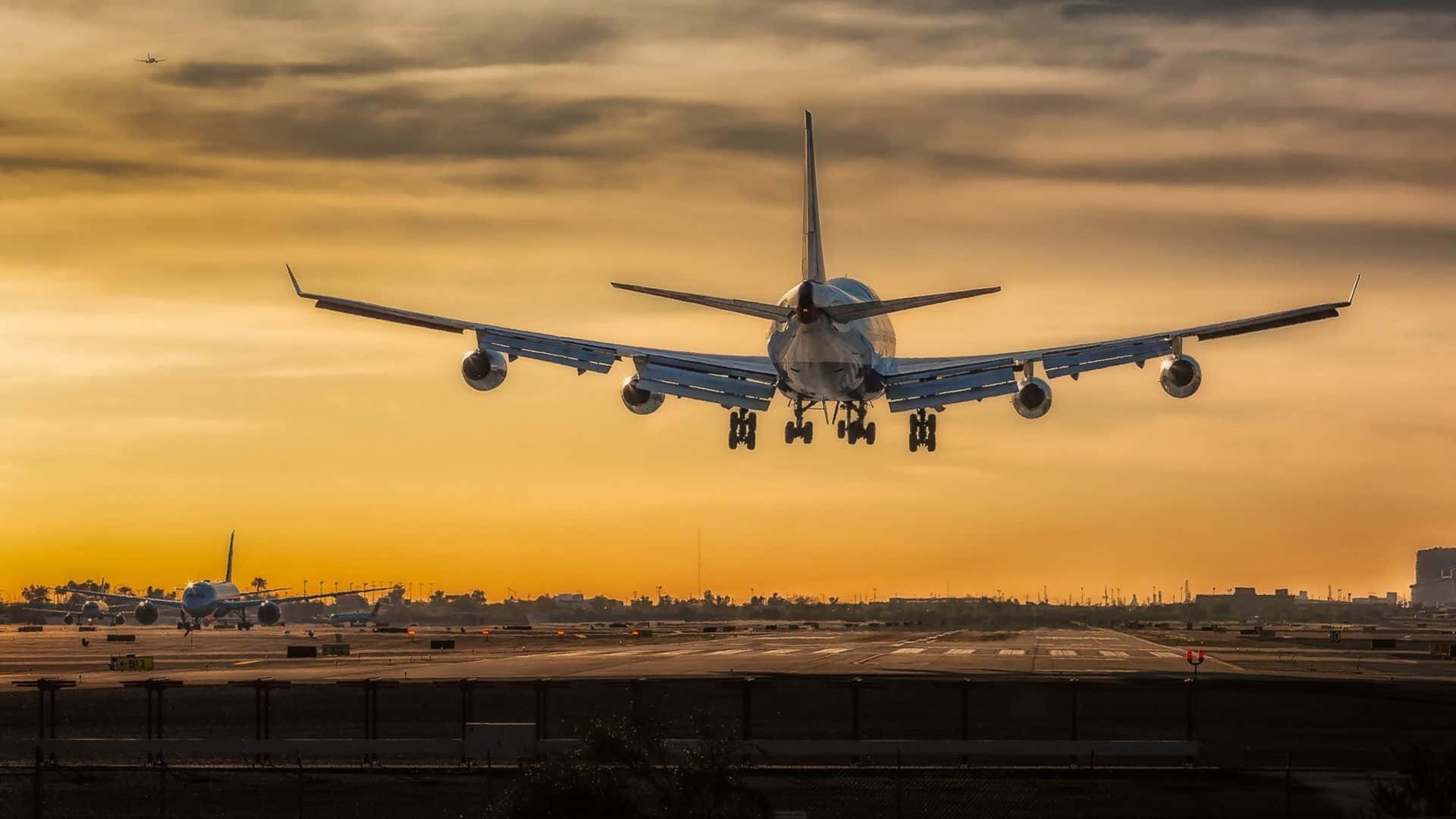 747 airplane, golden sunset sky, airport runway, Full HD Desktop Wallpaper