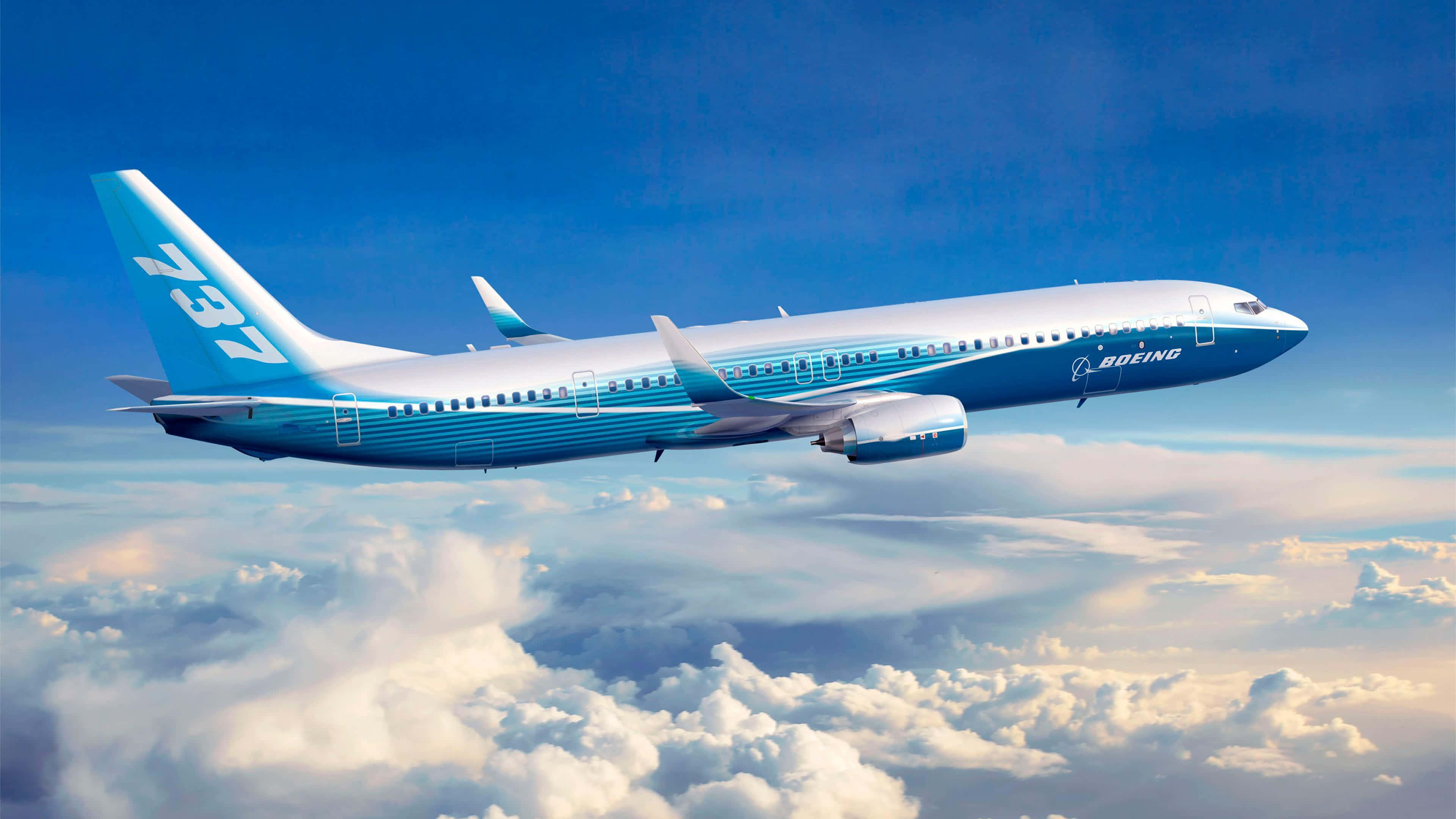 Boeing 737, fluffy white clouds, vibrant blue sky, 4K Desktop Wallpaper