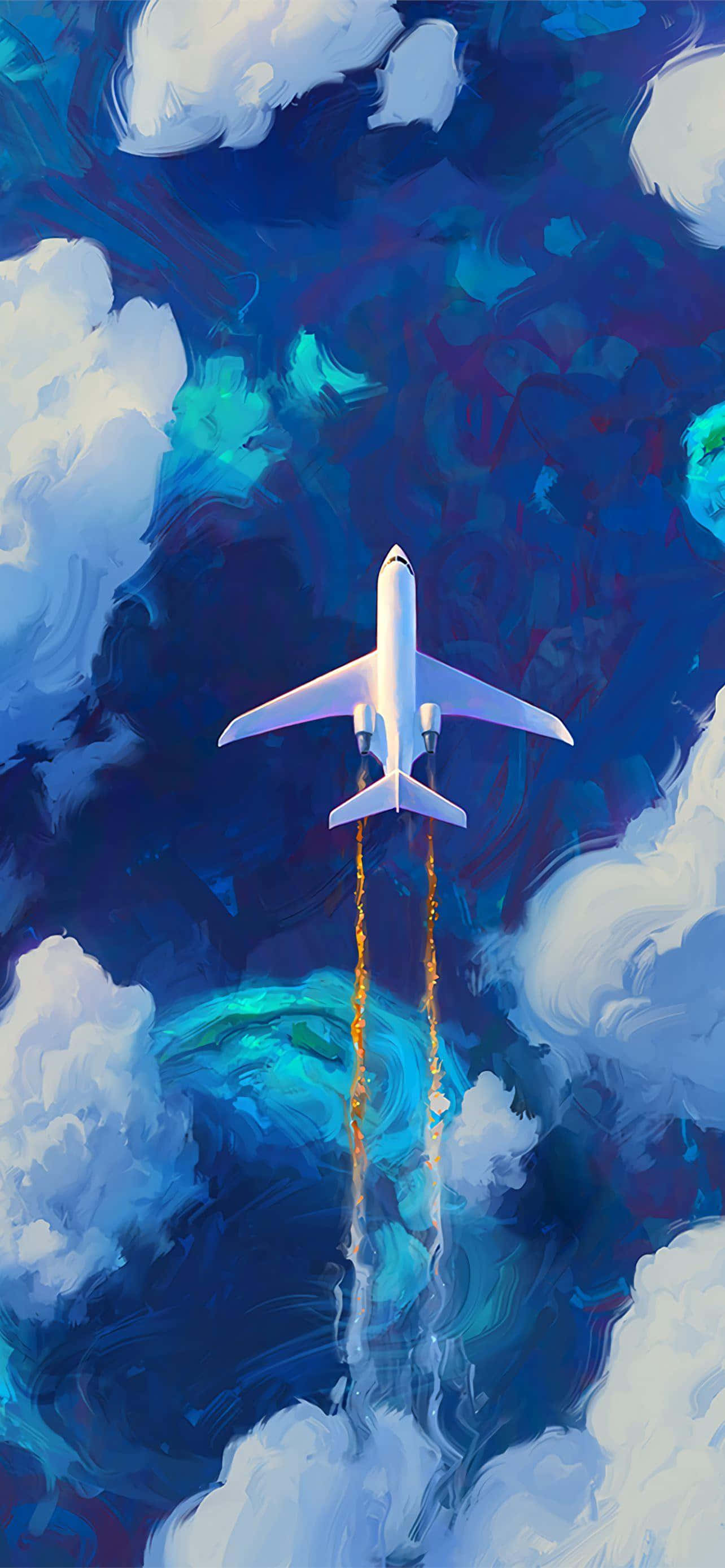 Boeing Airplane, white airplane, swirling blue and teal clouds, 2K Phone Wallpaper
