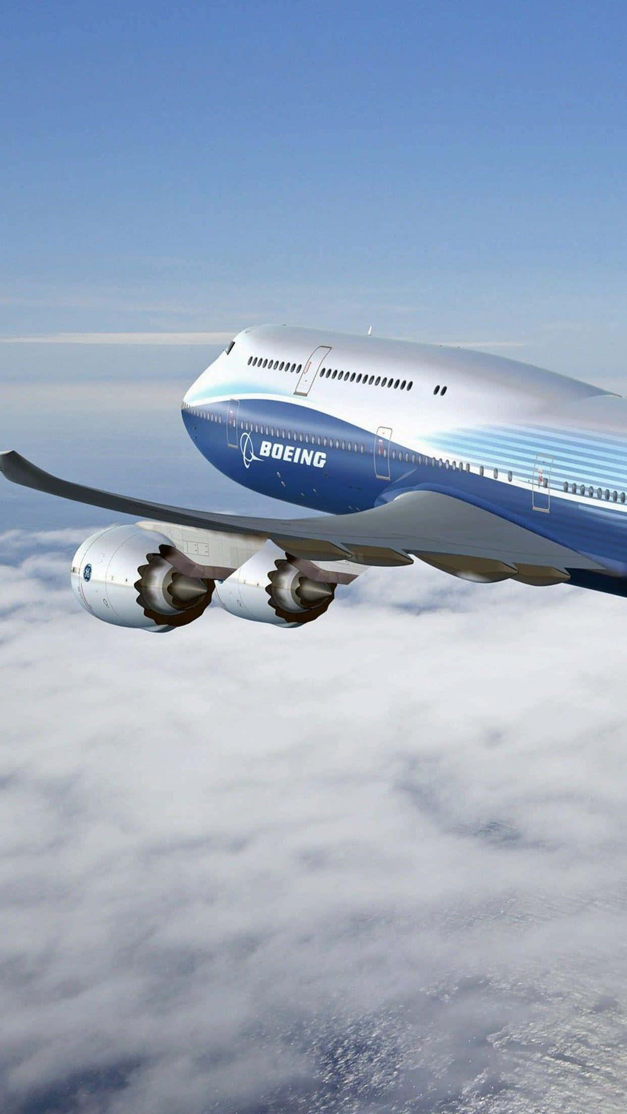 Boeing 747, fluffy white clouds, clear blue sky, Full HD Phone Wallpaper