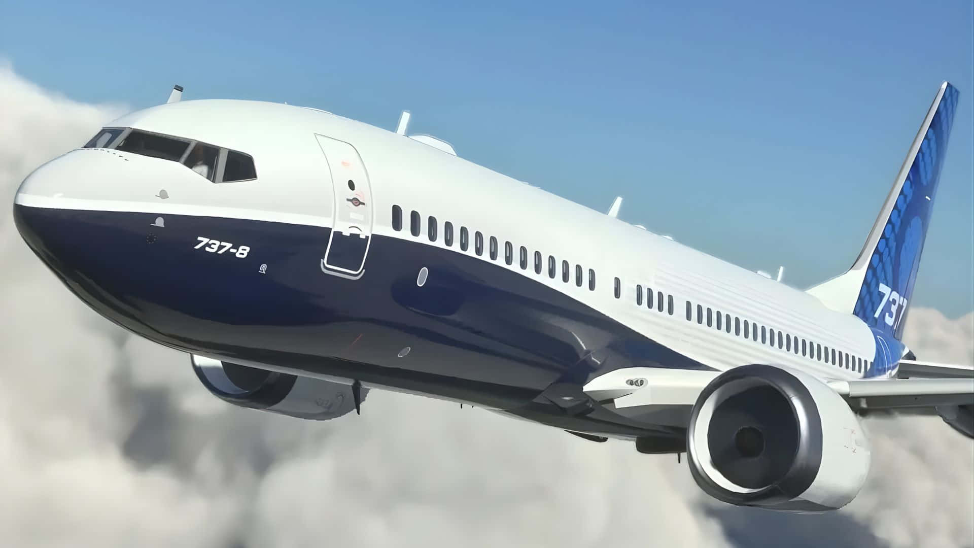 Boeing 737-8, fluffy white clouds, clear blue sky, Full HD Desktop Wallpaper