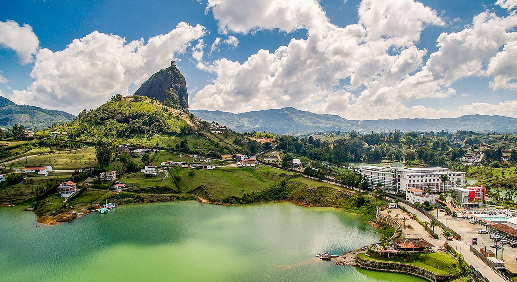 Landscape Of Colombia, vibrant green lake, massive rocky hill, Full HD Desktop Wallpaper