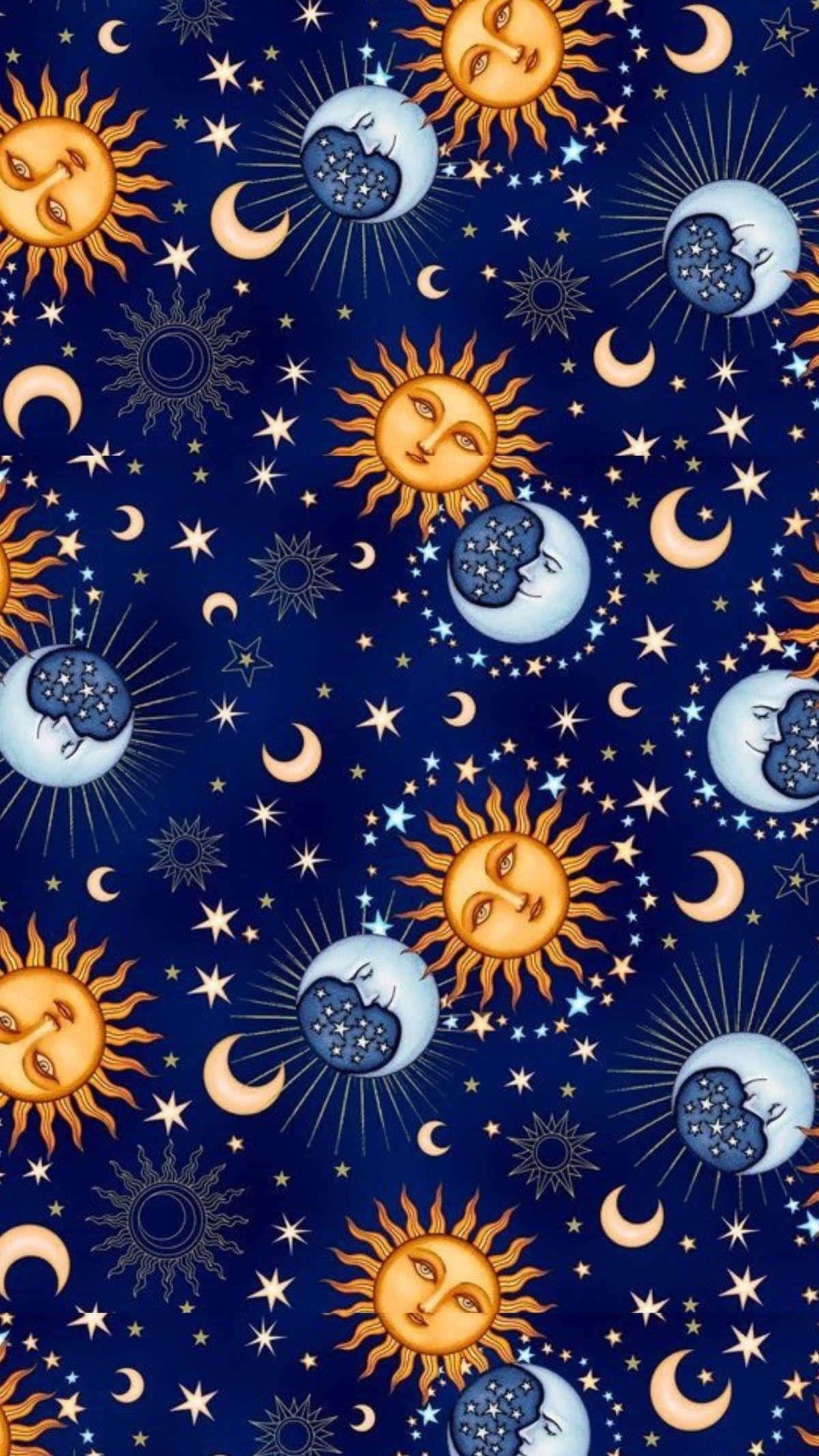 Bohemian Sun Moon Pattern, smiling suns, moons, Full HD Phone Wallpaper