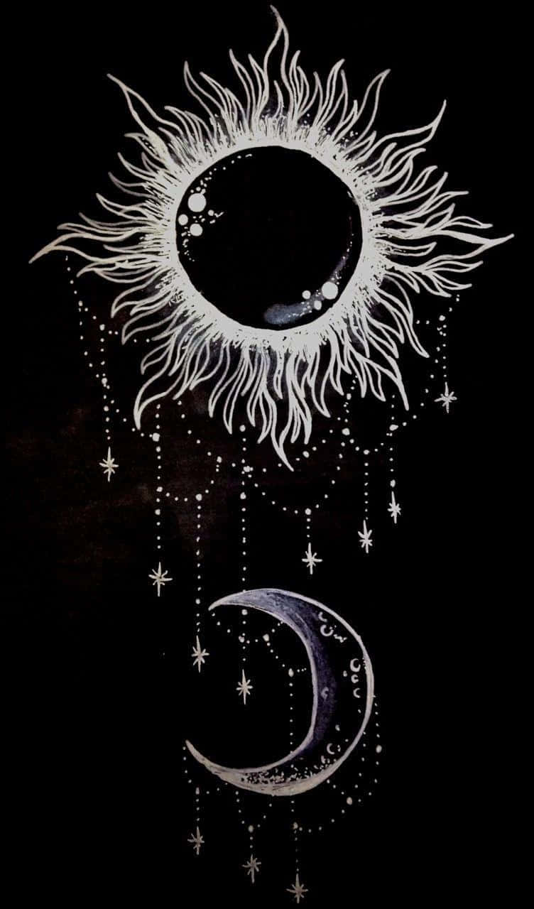 Bohemian Sun Moon Art, white sun, crescent moon, HD Phone Wallpaper