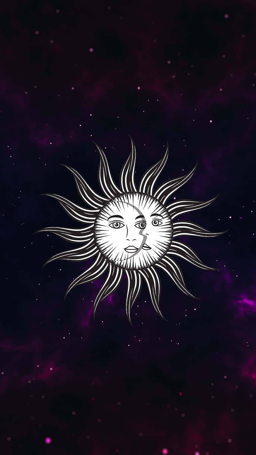 Bohemian Sun Moon Artwork, white sun with a face and split lips, deep purple cosmic nebula, HD Phone Wallpaper