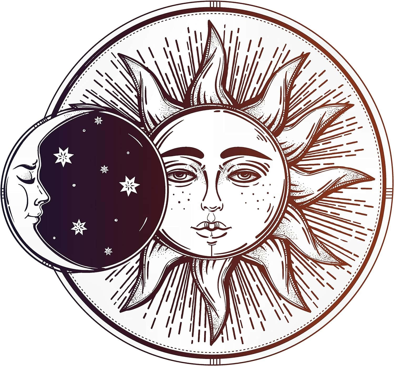 Bohemian Sun Moon Art, sun with a human face, crescent moon with stars, HD Desktop Wallpaper