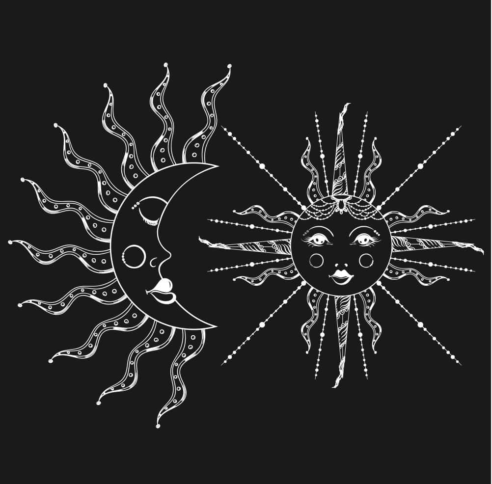 Bohemian Sun Moon Art, white sun, moon with face, SD Desktop Wallpaper
