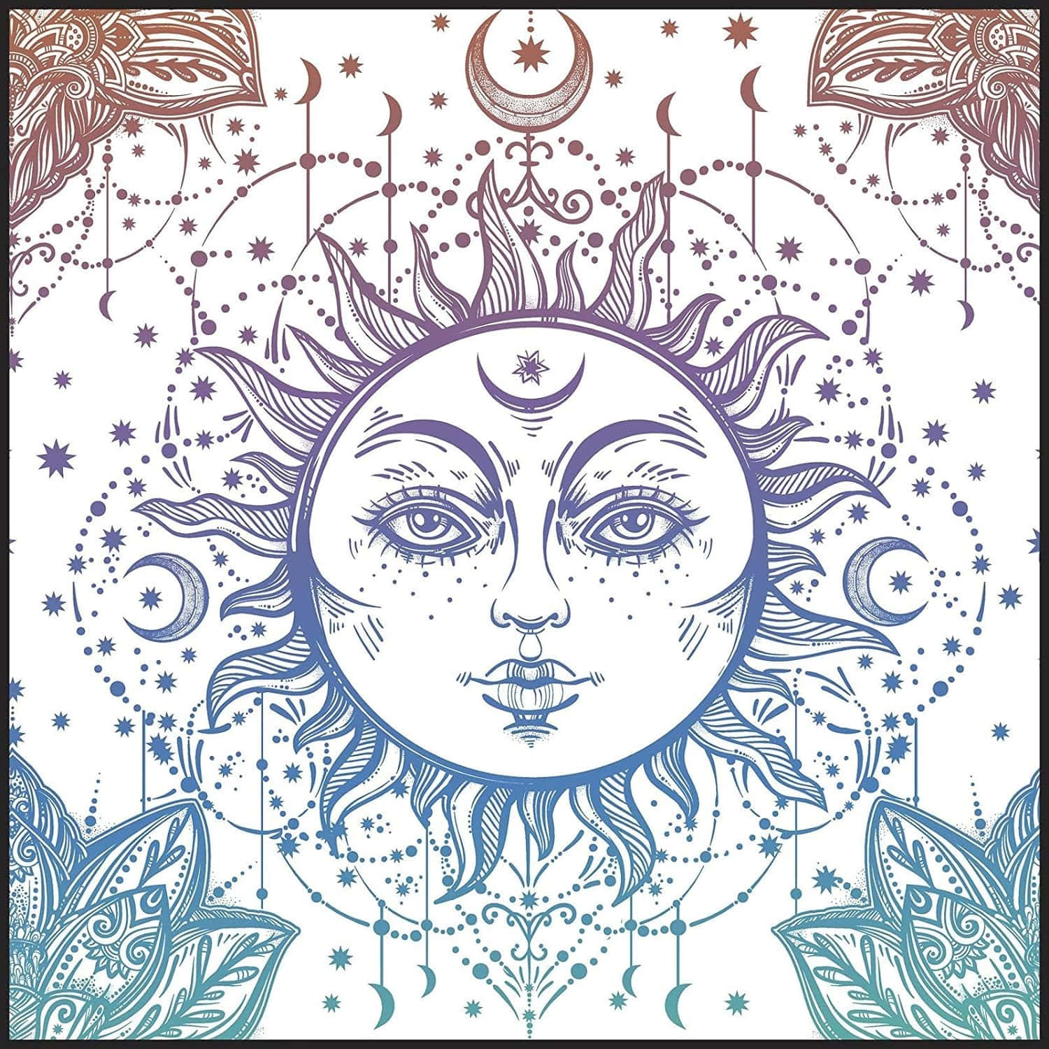 Bohemian Sun Moon Artwork, sun face, crescent moons, HD Desktop Wallpaper