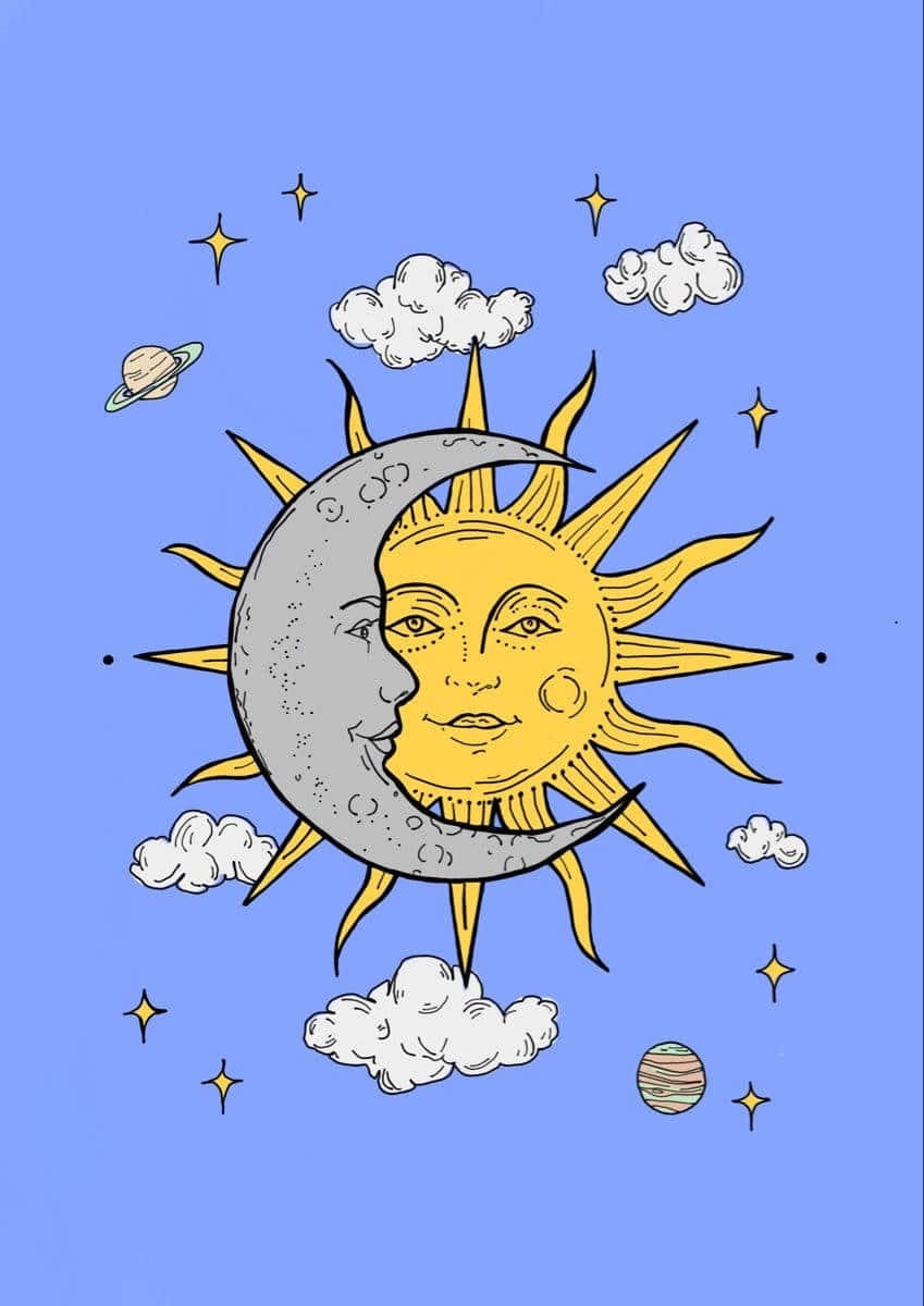Bohemian Sun Moon Artwork, sun, moon, SD Phone Wallpaper