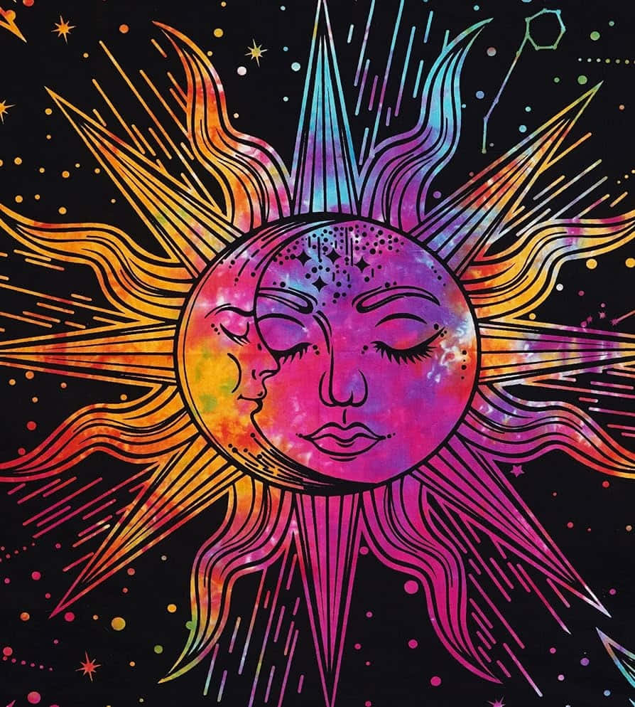 Vibrant Bohemian Sun Moon Art, sun and moon, closed eyes, SD Phone Wallpaper