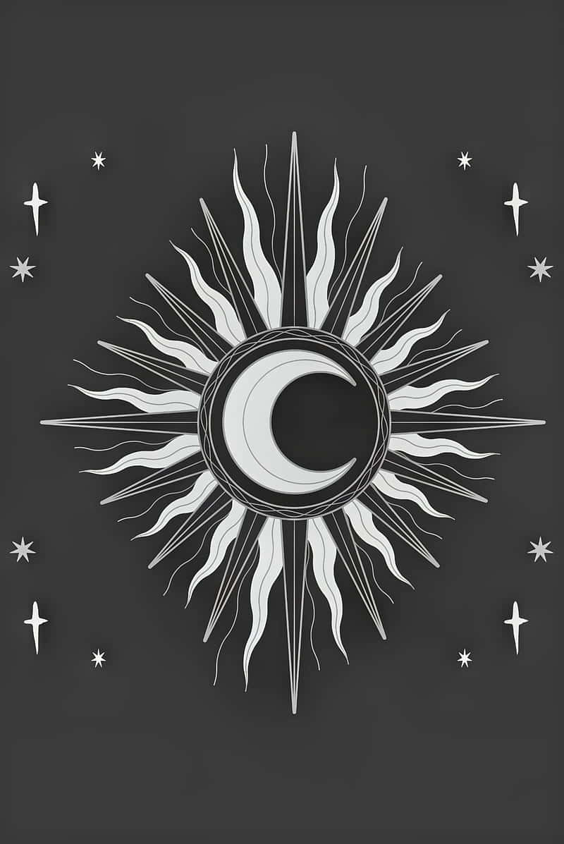 Bohemian Sun Moon Art, crescent moon, radiant sun rays, SD Phone Wallpaper