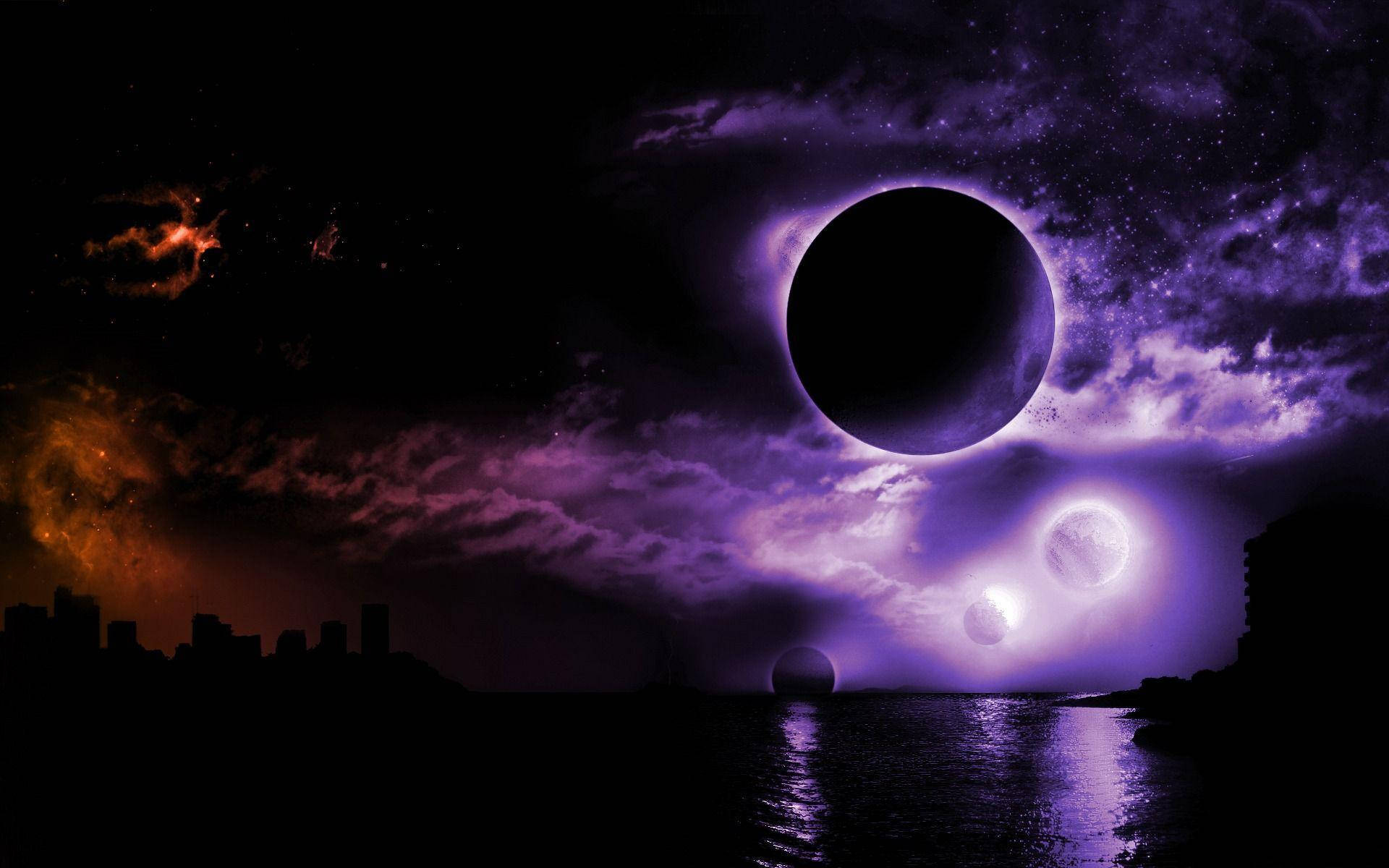 Moon, cosmic eclipse, city skyline, Full HD Desktop Wallpaper