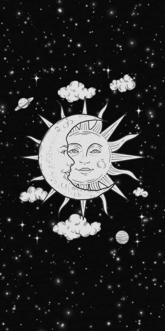 Sun and Moon, cosmic black and white illustration, stars, SD Phone Wallpaper