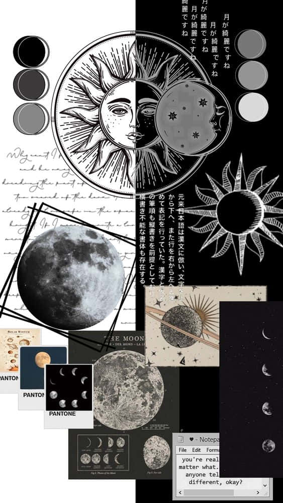 Sun and Moon Aesthetic, monochrome collage, celestial motifs, SD Phone Wallpaper