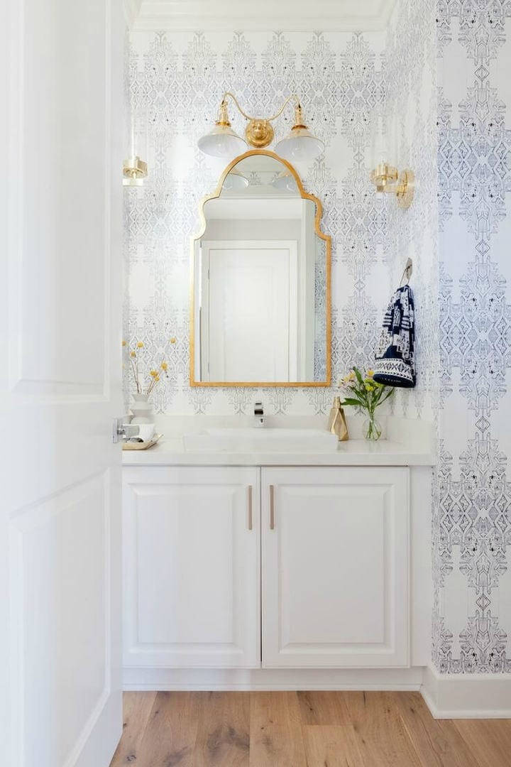 golden frame mirror, boho beachside bathroom, white vanity, SD Phone Wallpaper