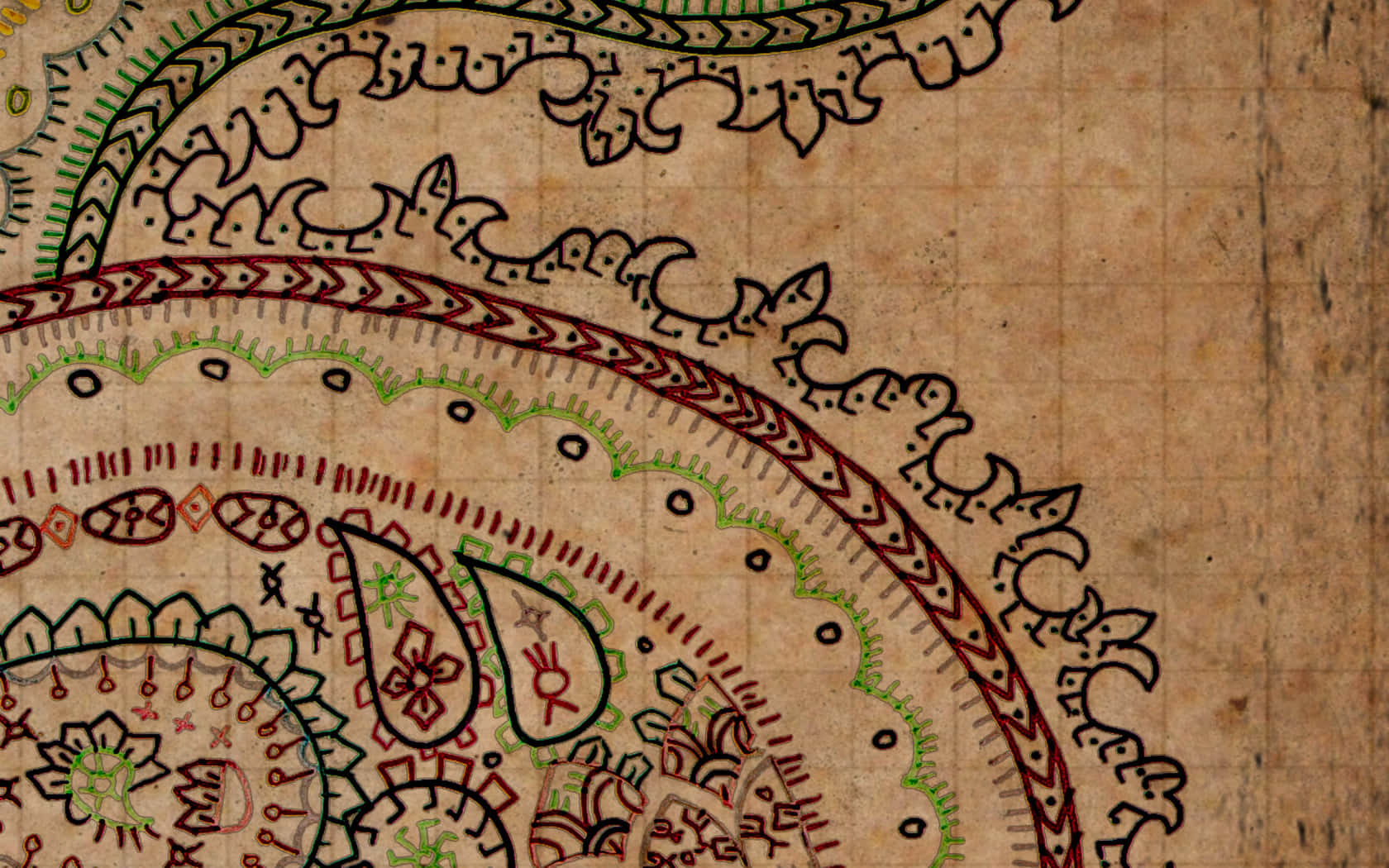 paisley pattern, red green and black, aged parchment paper, HD Desktop Wallpaper