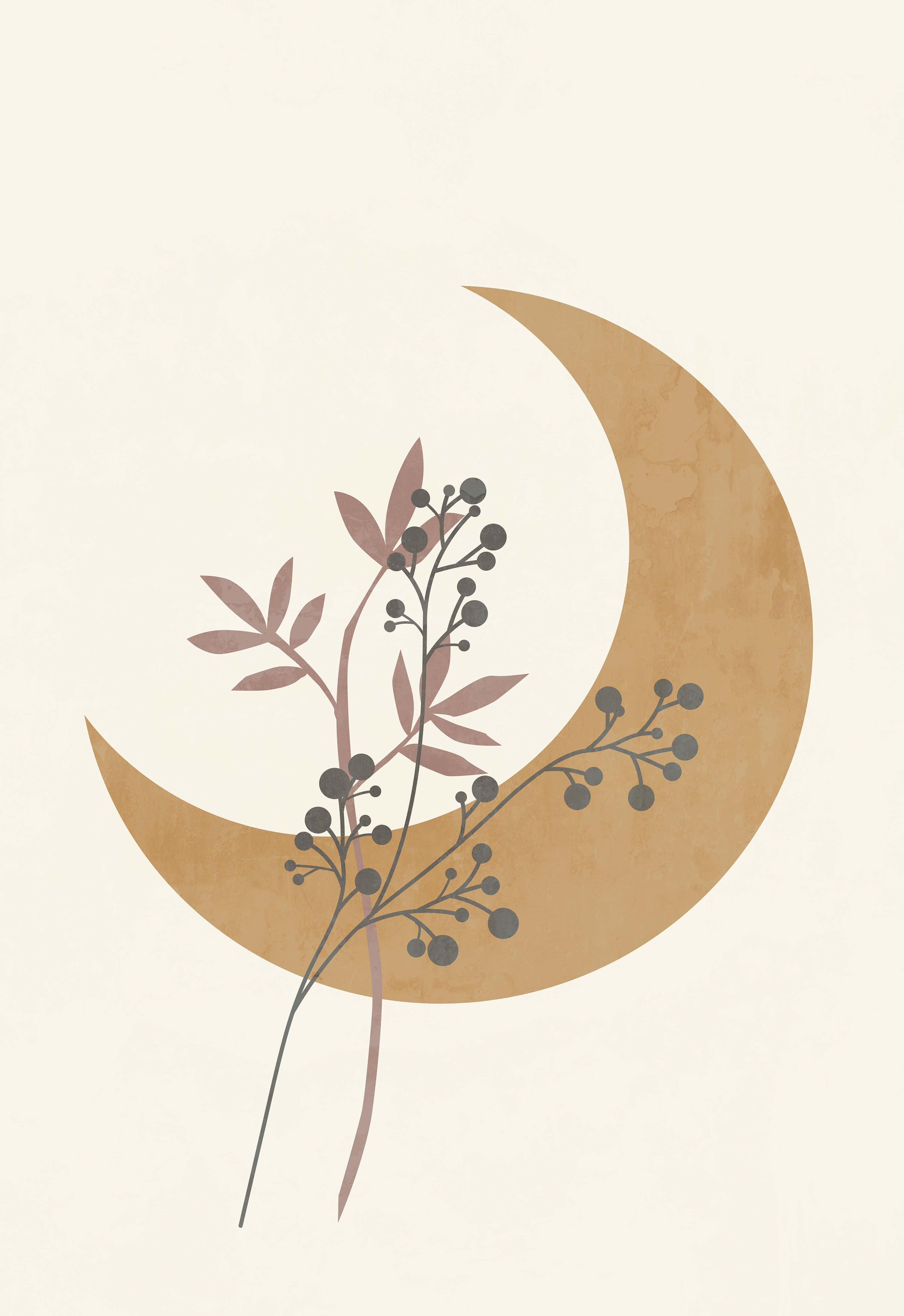 crescent moon, warm brown tones, muted pink leaves, 4K Phone Wallpaper