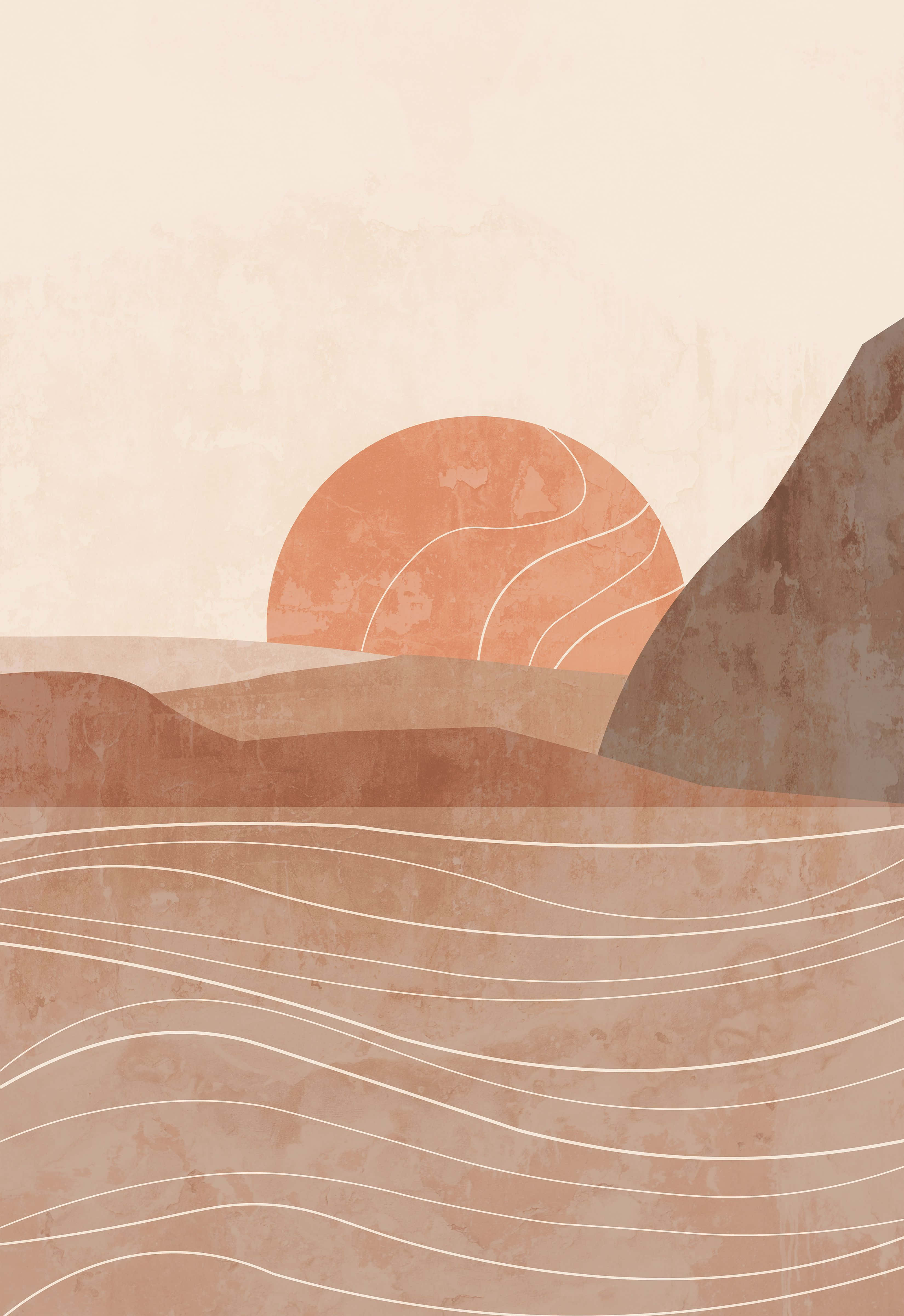terracotta sun, hills, wavy lines, 4K Phone Wallpaper