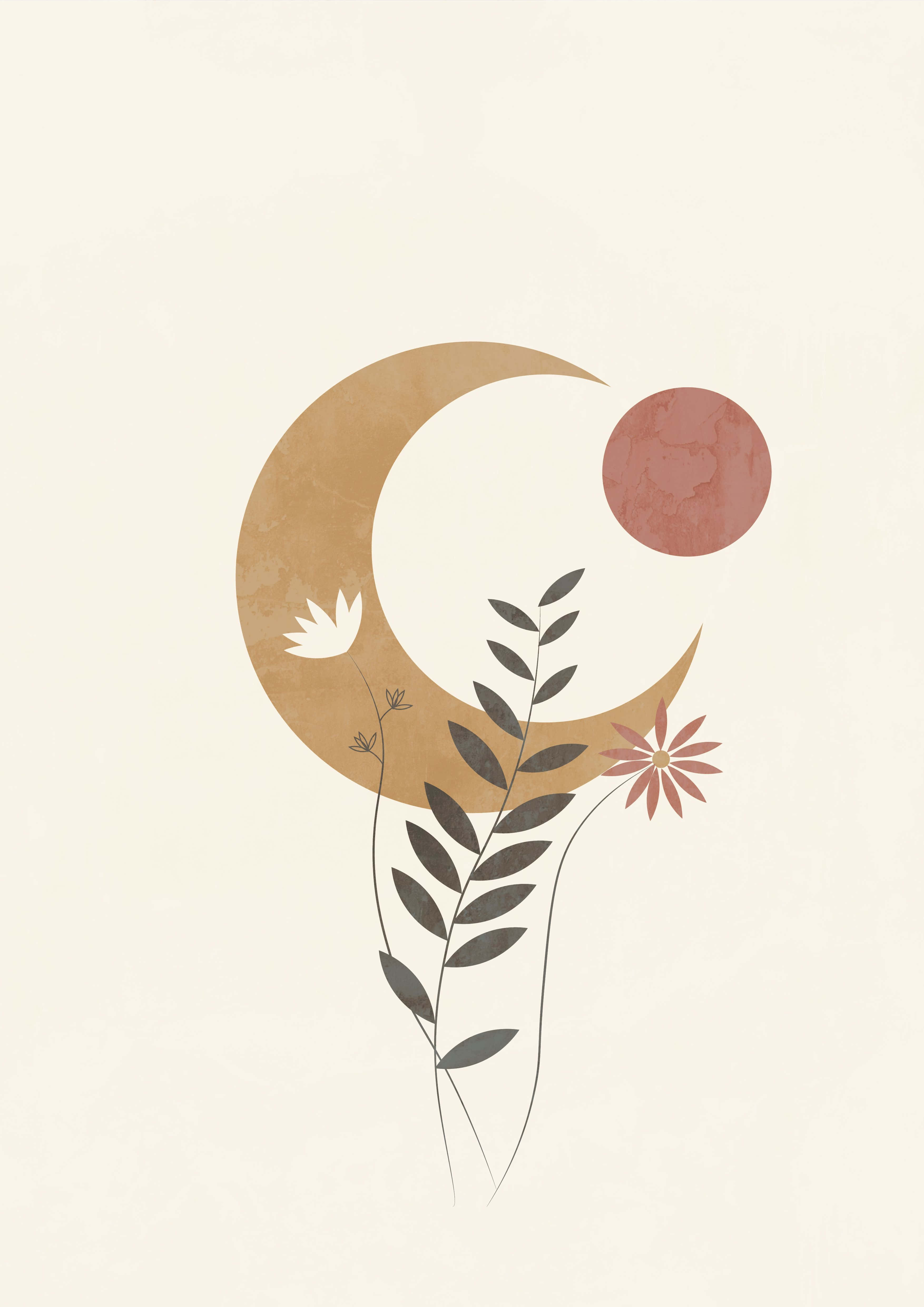 crescent moon, sun, delicate flowers, 4K Phone Wallpaper