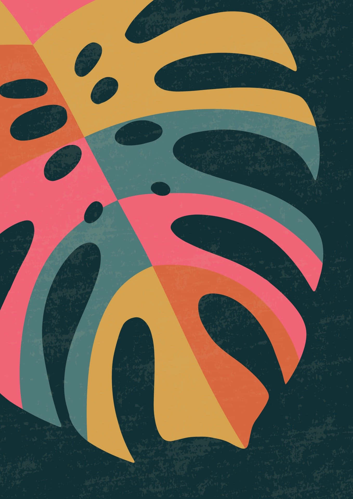monstera leaf, vibrant geometric sections, pink orange, Full HD Phone Wallpaper