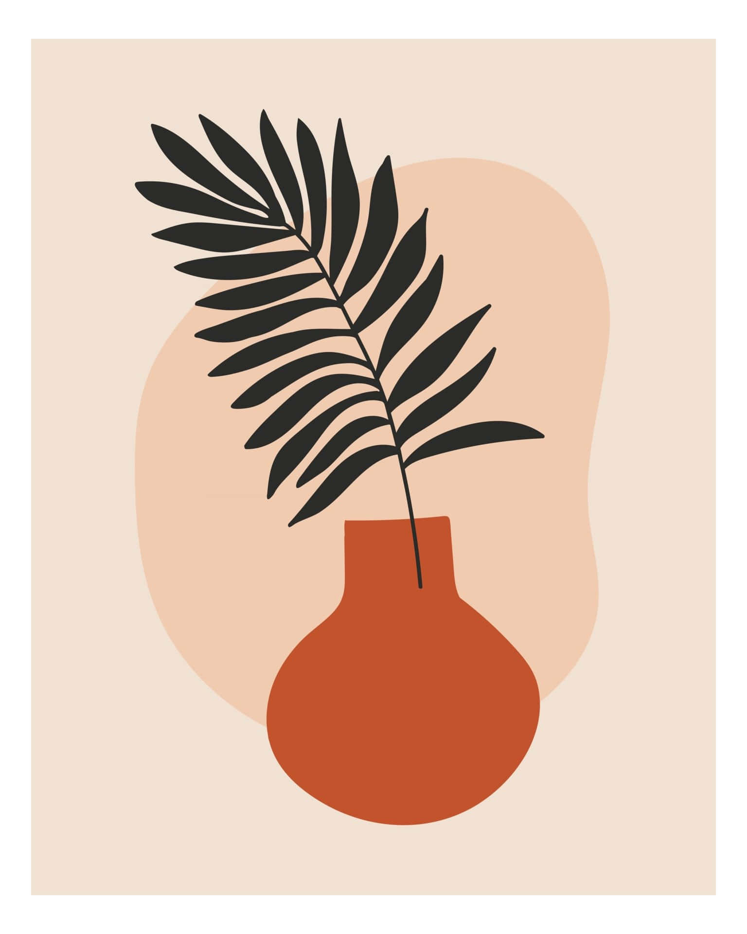 black palm frond, terracotta vase, beige background, Full HD Phone Wallpaper