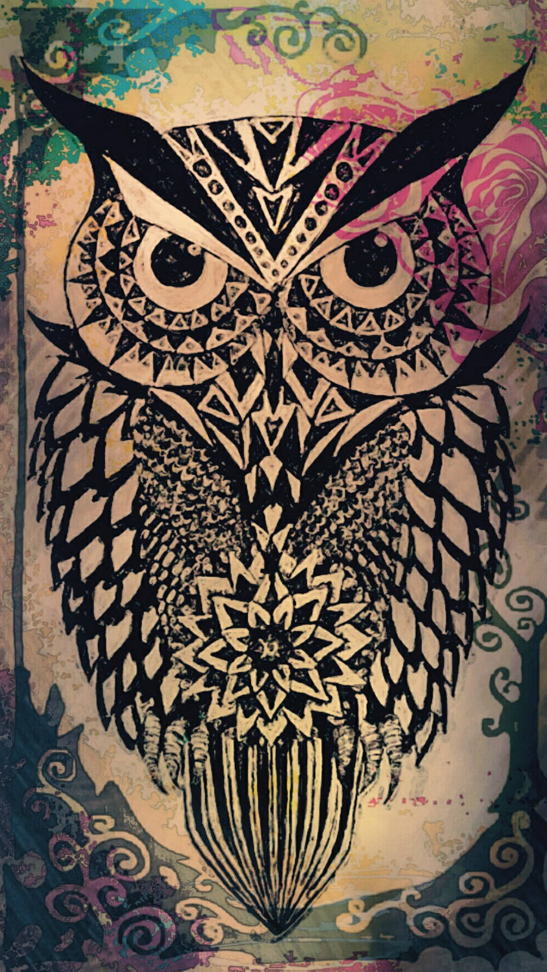 aesthetic boho owl, stylized owl, intricate geometric patterns, Full HD Phone Wallpaper