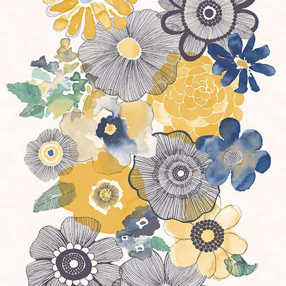 vibrant watercolor flowers, yellow blue and gray, soft cream background, SD Desktop Wallpaper