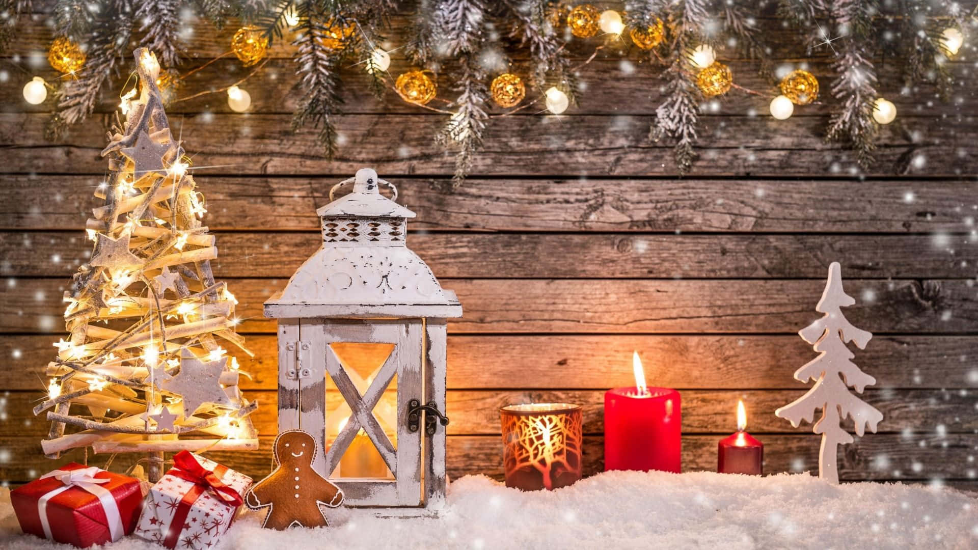 Boho Christmas, snow-covered pine branches, string lights, Full HD Desktop Wallpaper