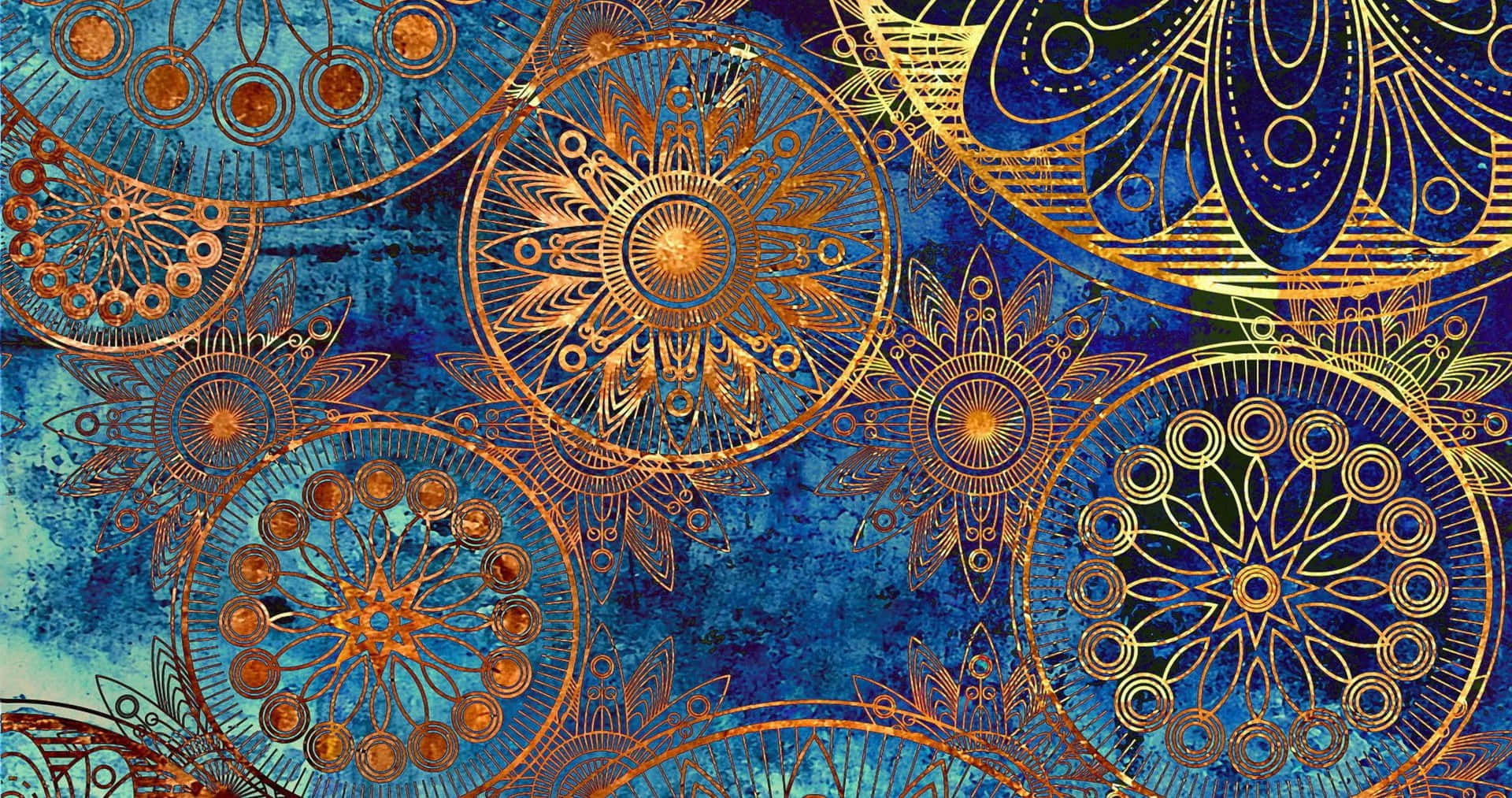 Boho Christmas, golden ornate mandala patterns, textured deep blue background, Full HD Desktop Wallpaper