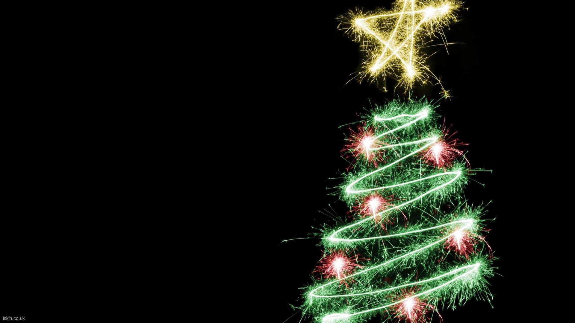Christmas night, green and red light trails, golden star, Full HD Desktop Wallpaper