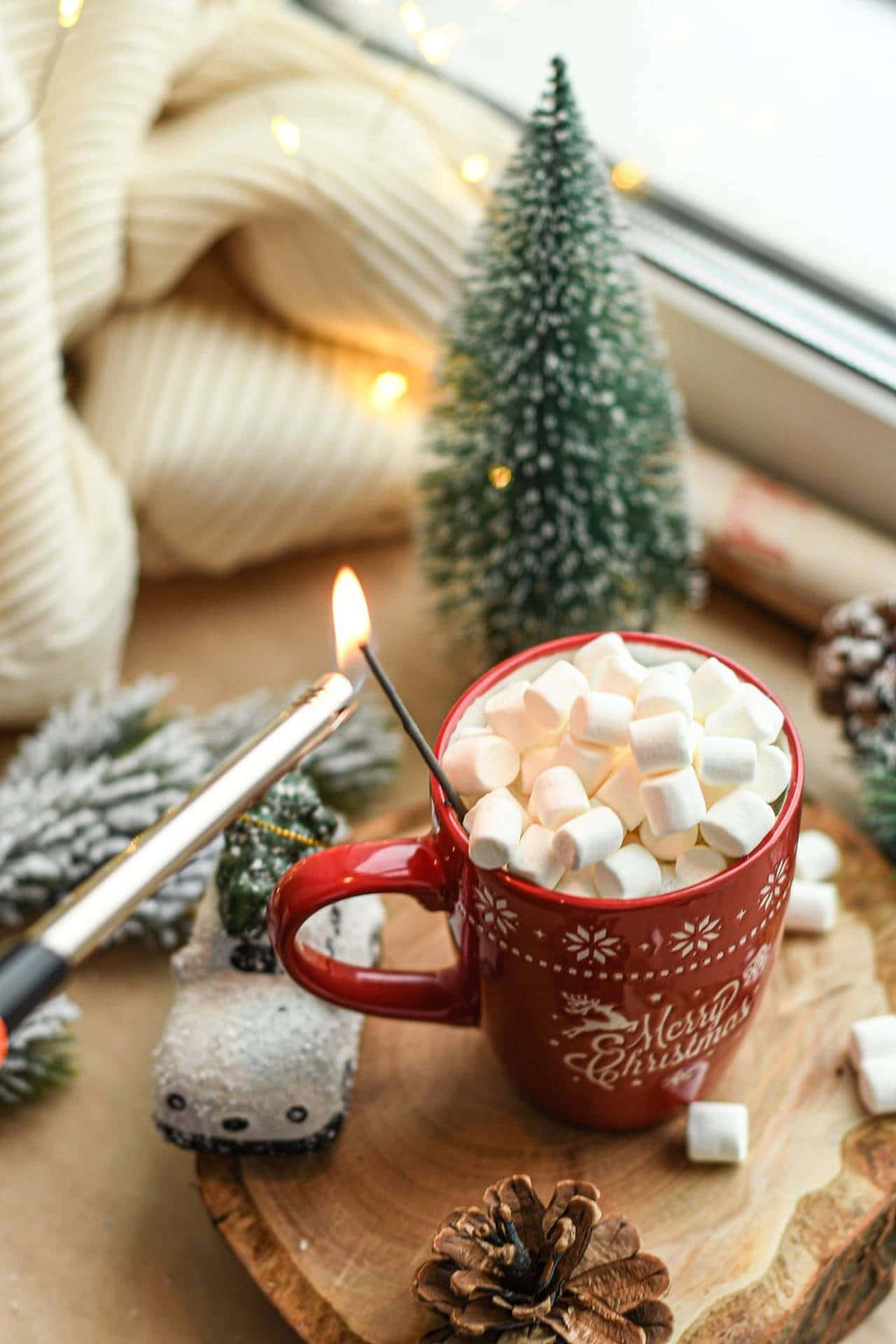 cozy Christmas, red mug, marshmallows, Full HD Phone Wallpaper