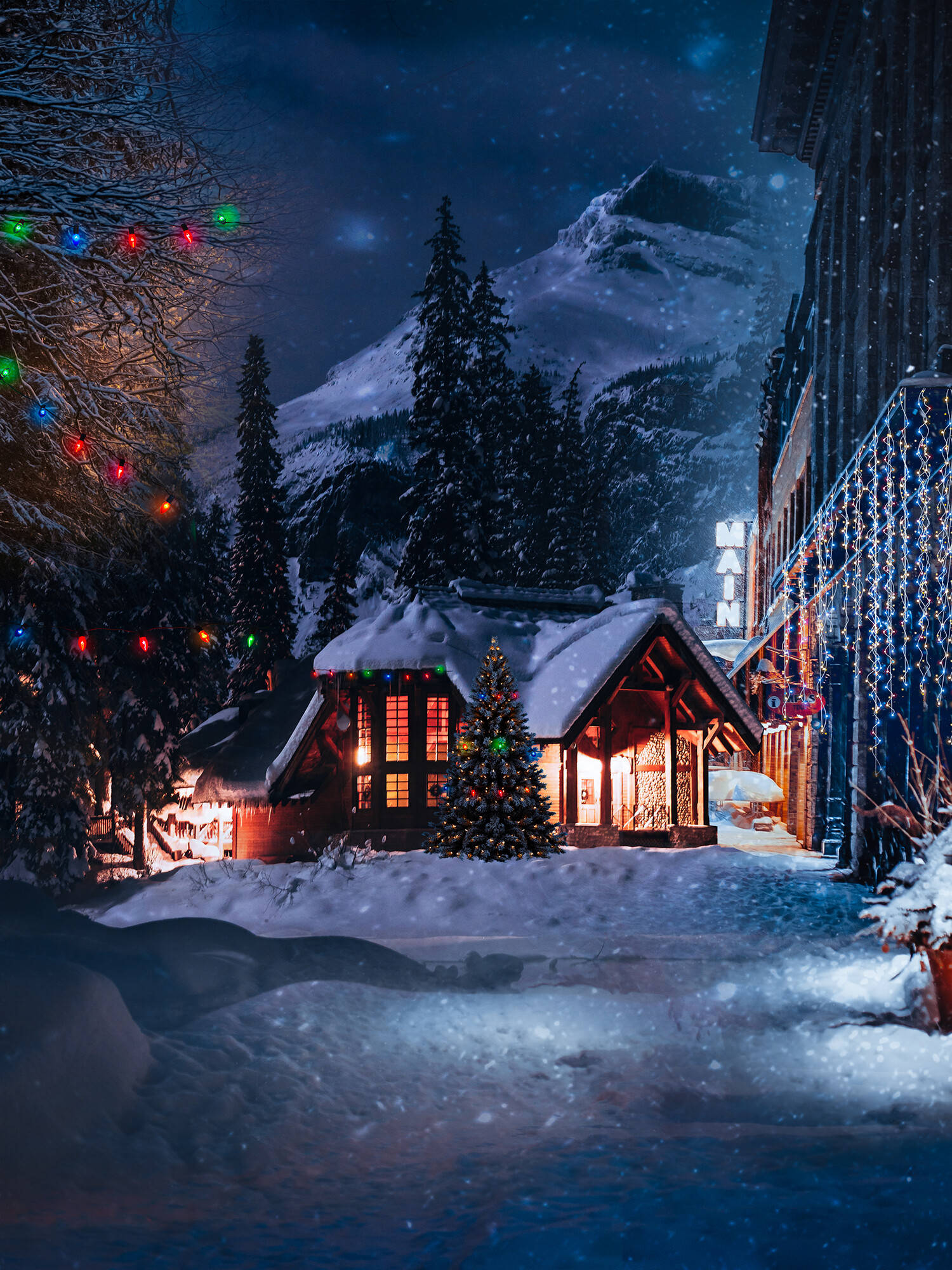 snowy christmas, cozy wooden cabin, night, Full HD Phone Wallpaper