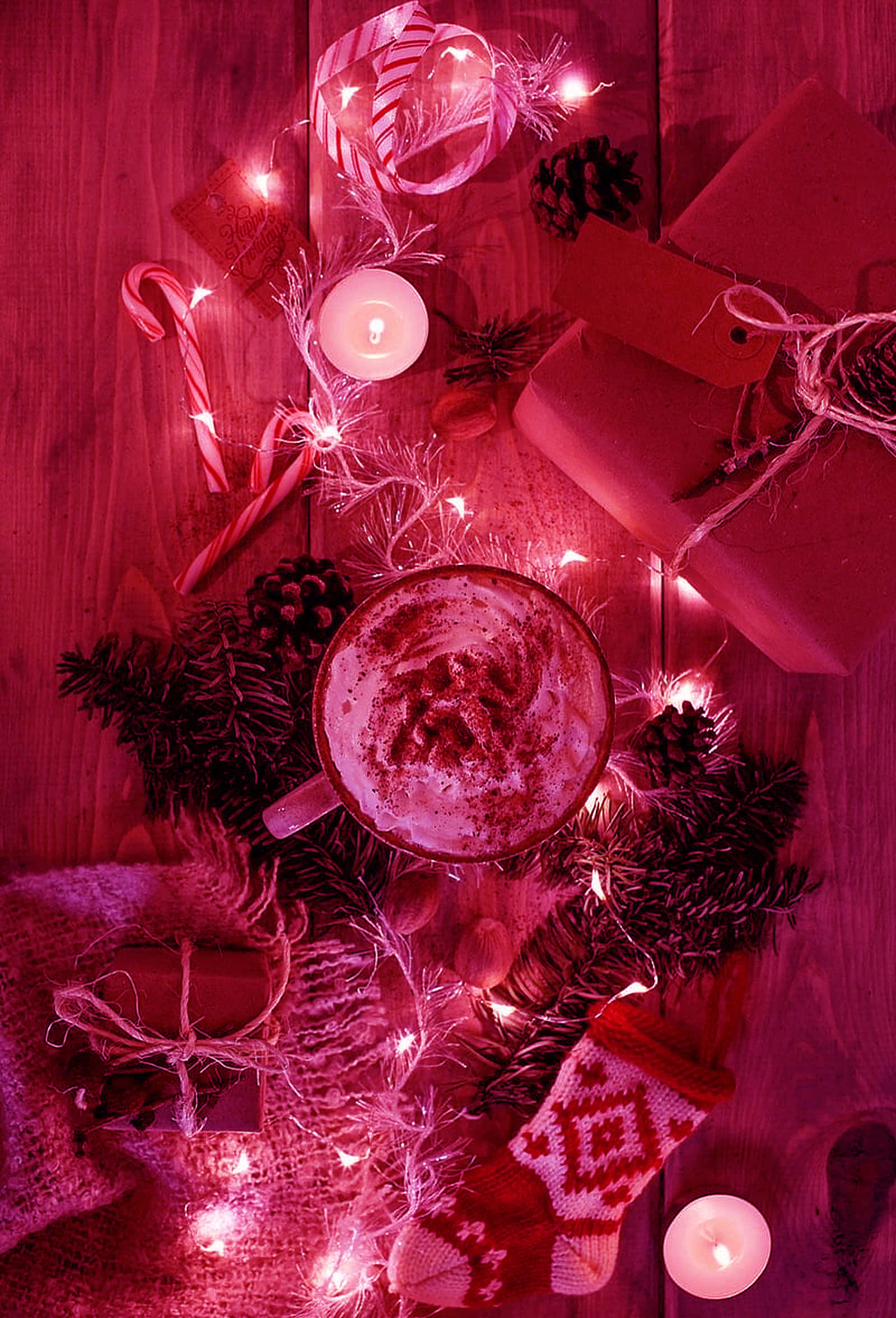 Cozy Christmas, steaming mug, pine branches, Full HD Phone Wallpaper