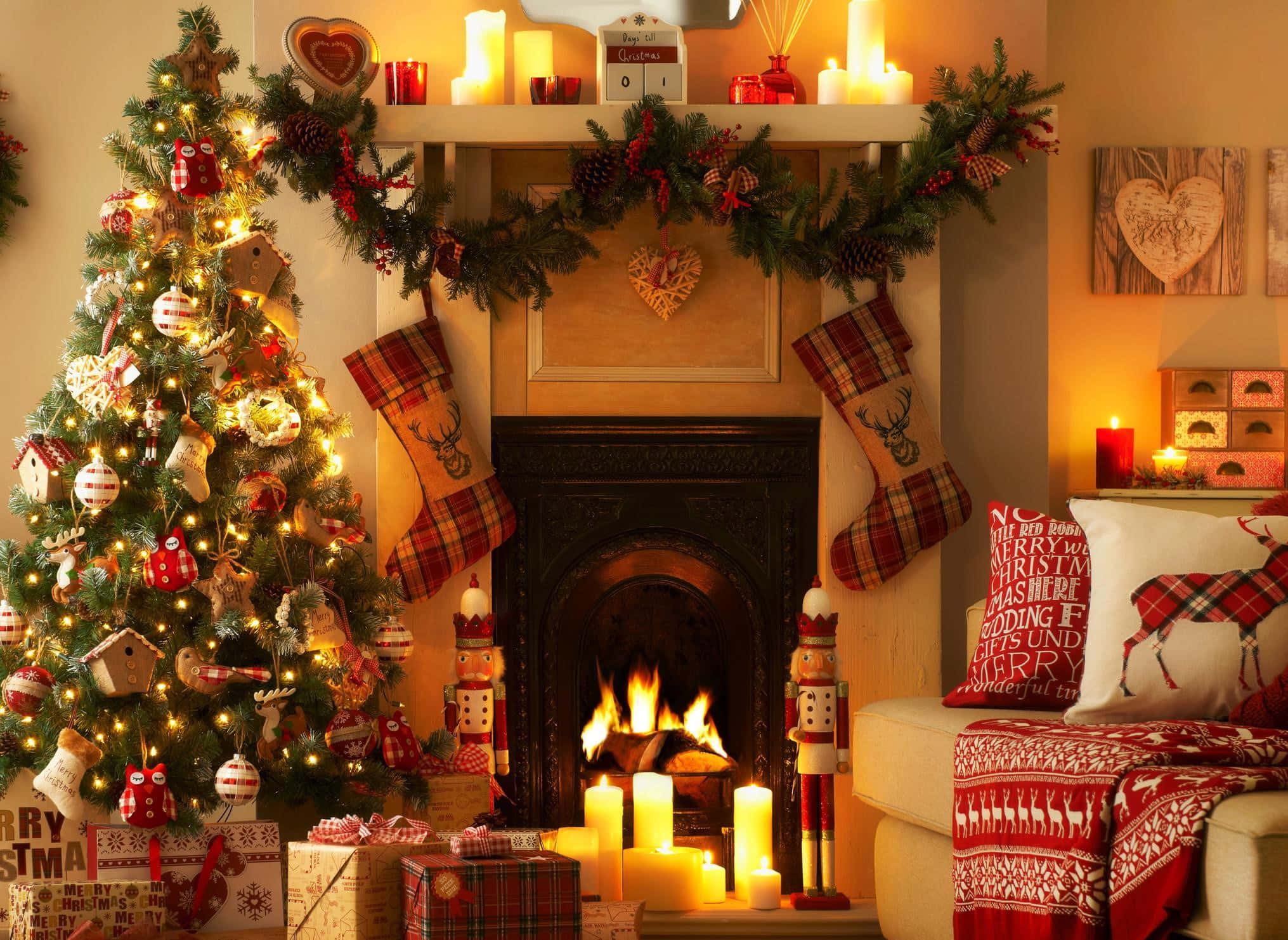 Cozy Christmas, living room, lit tree, Full HD Desktop Wallpaper