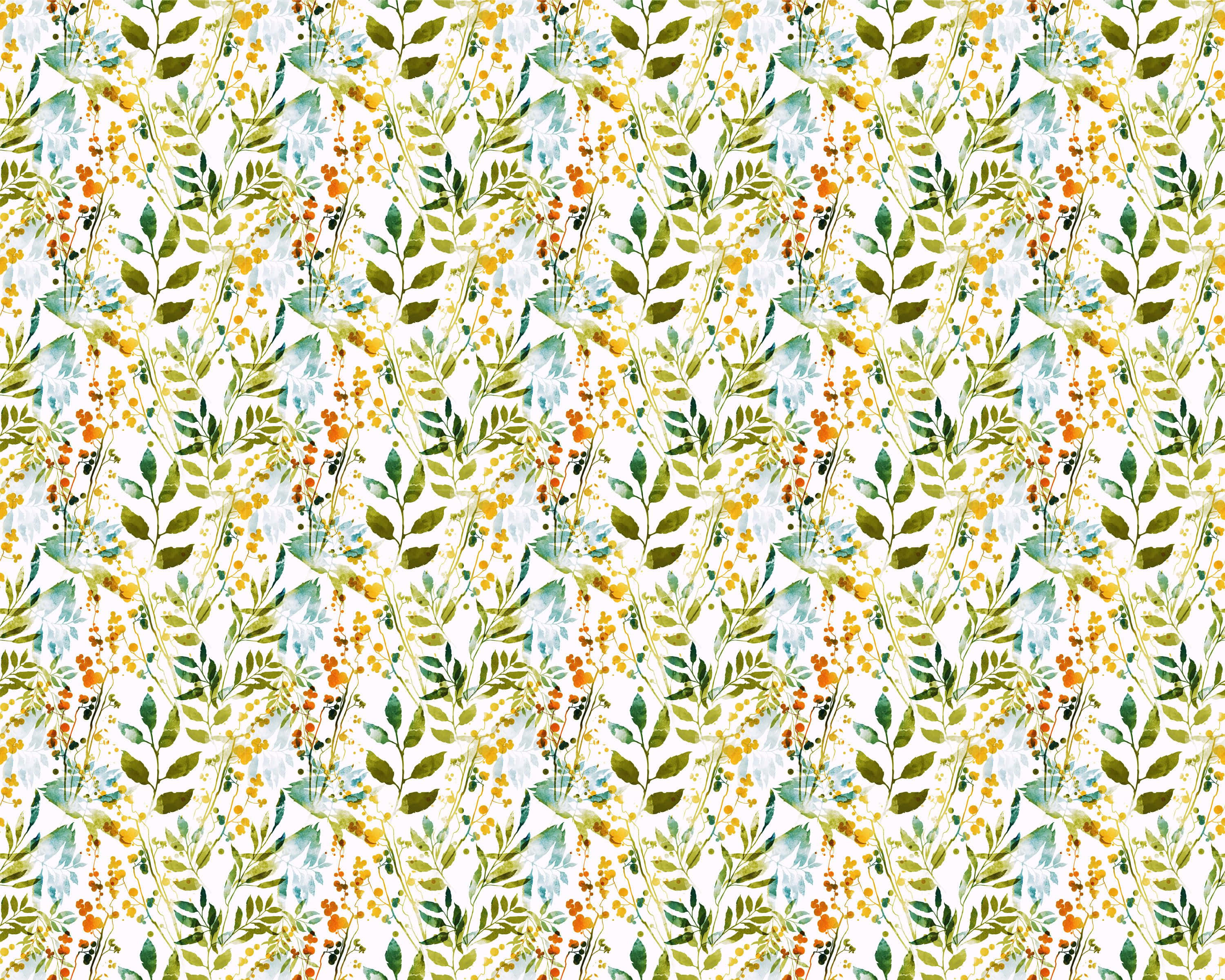 chic boho christmas interior decor, watercolor floral pattern, green leaves, 2K Desktop Wallpaper
