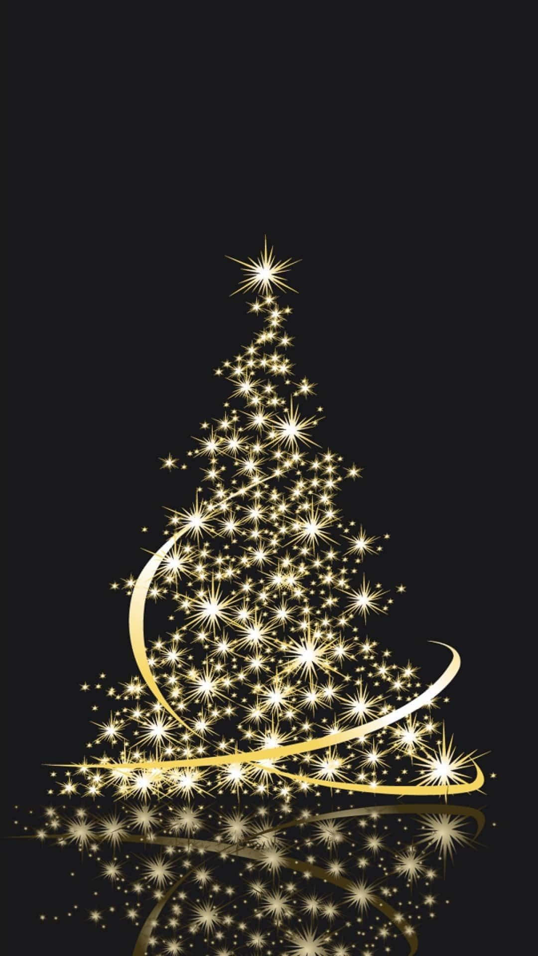 Christmas Night, golden Christmas tree, sparkling stars, Full HD Phone Wallpaper