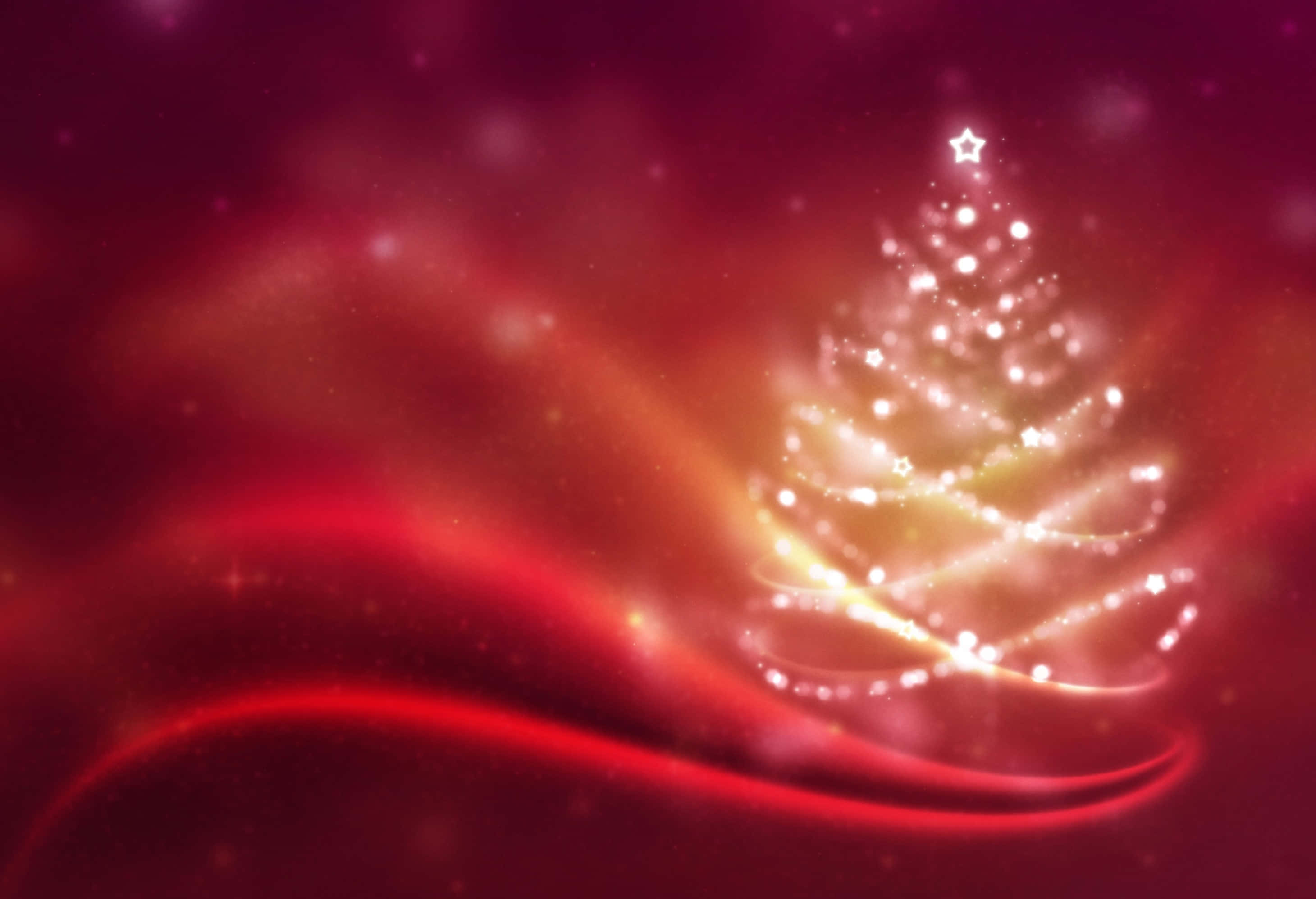red aesthetic, glowing golden Christmas tree, sparkling lights, 2K Desktop Wallpaper