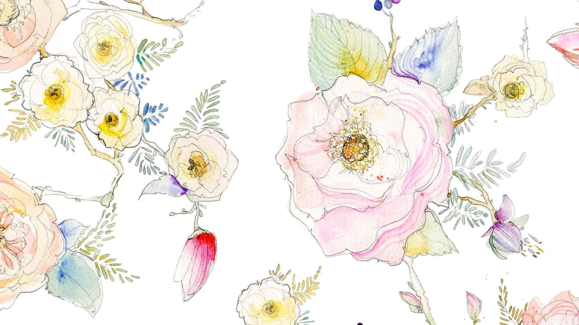 Boho Computer, watercolor flowers, soft pinks, Full HD Desktop Wallpaper