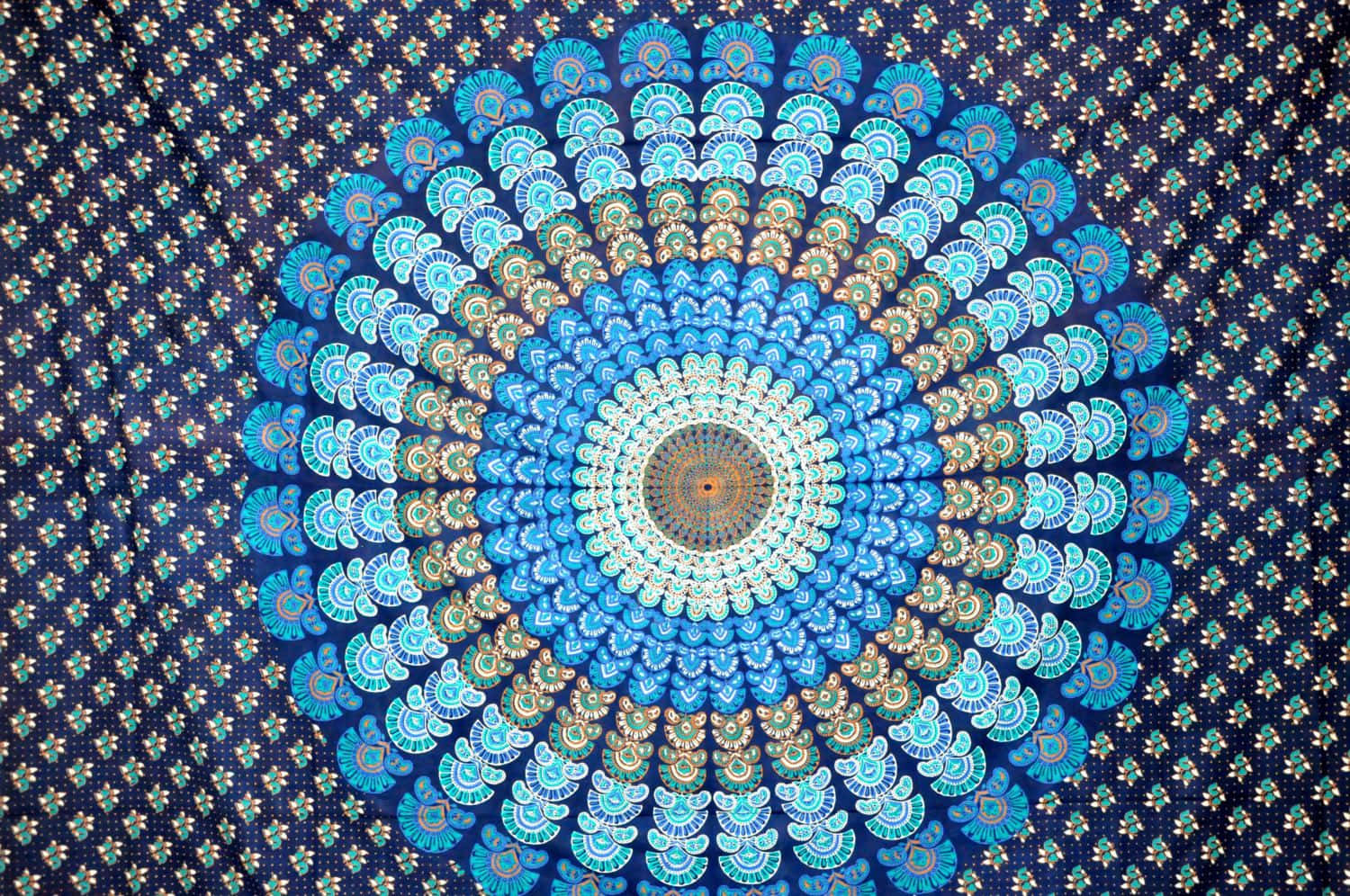 boho computer, vibrant blue peacock feather mandala, dark navy background, HD Desktop Wallpaper