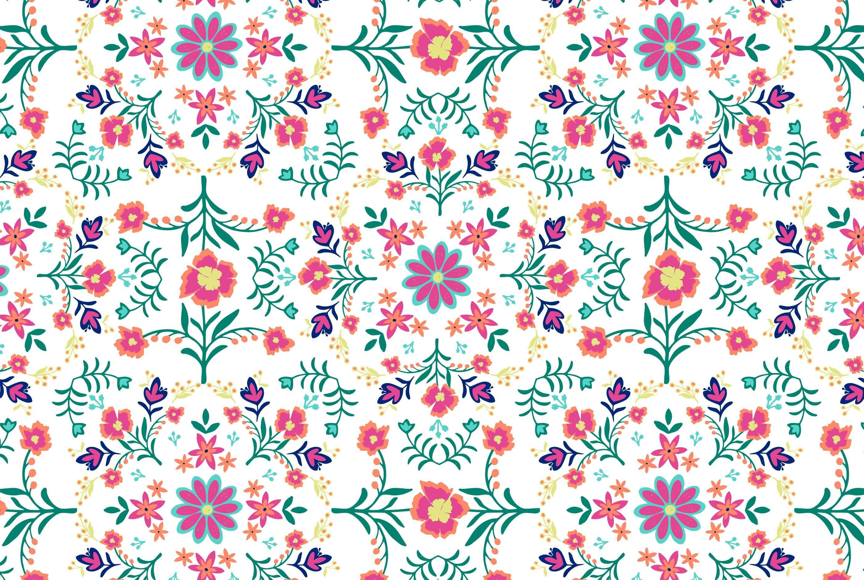 Boho Computer, vibrant floral pattern, pink teal and purple flowers, 2K Desktop Wallpaper