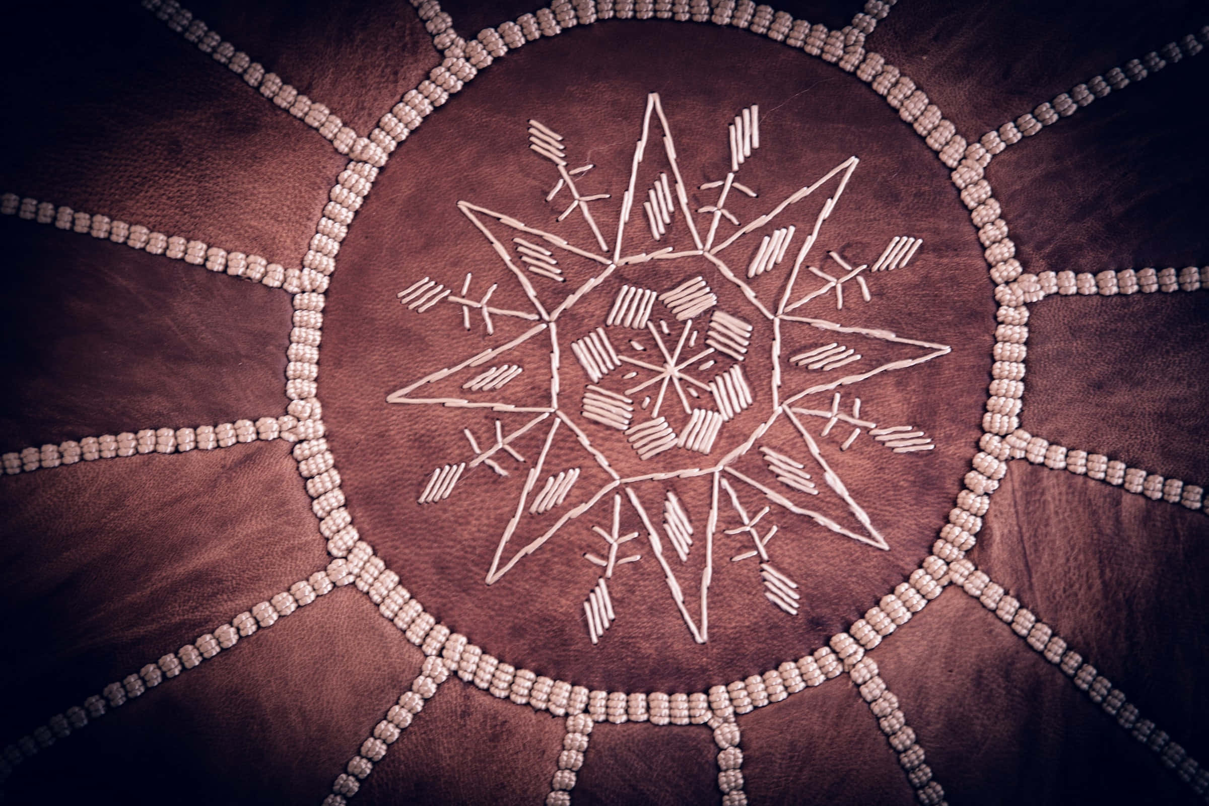 boho computer, brown leather surface, white beaded starburst pattern, Full HD Desktop Wallpaper