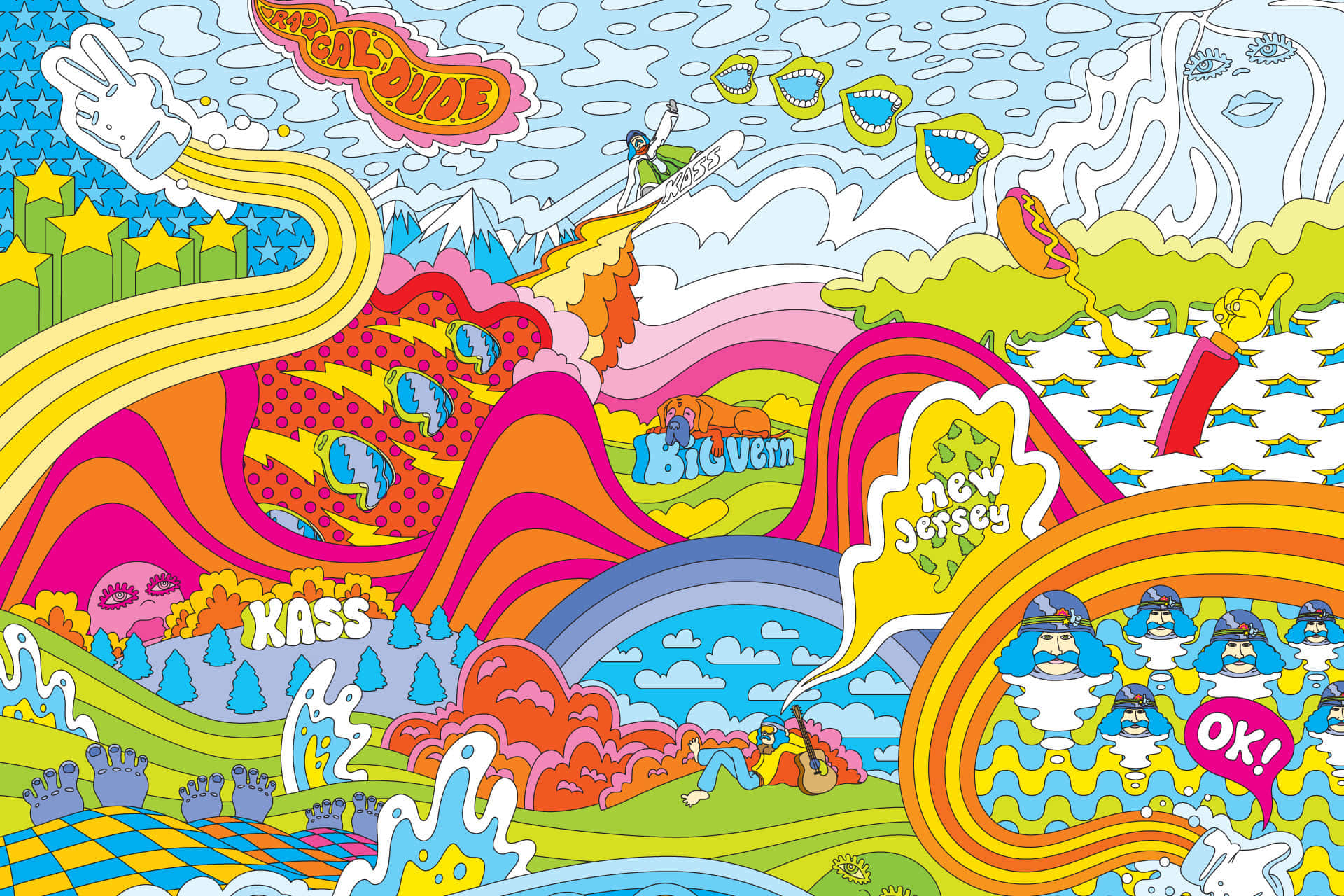 psychedelic cartoon landscape, rainbow hills, floating text, Full HD Desktop Wallpaper
