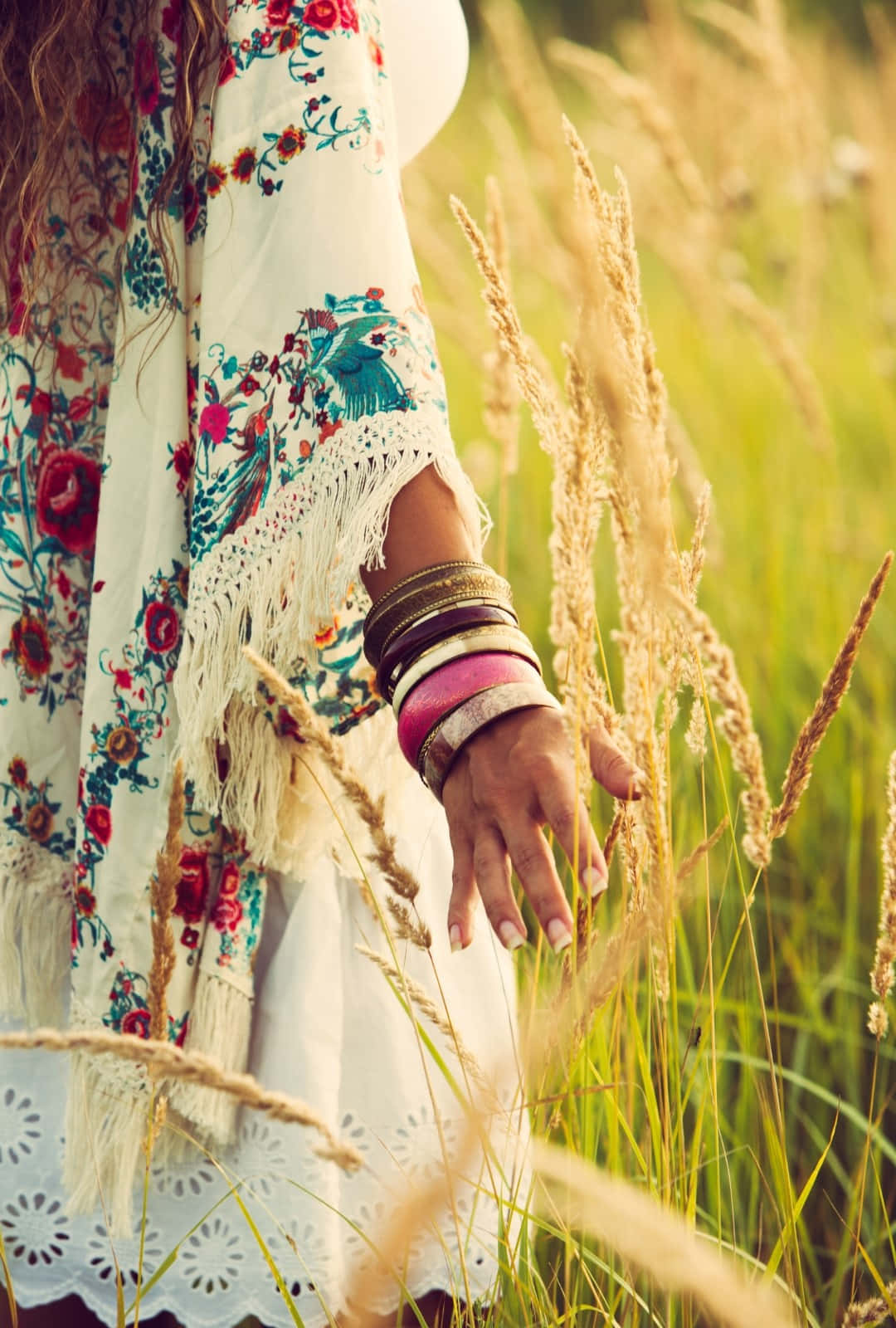 floral embroidered dress, golden grasses, sunlit field, HD Phone Wallpaper