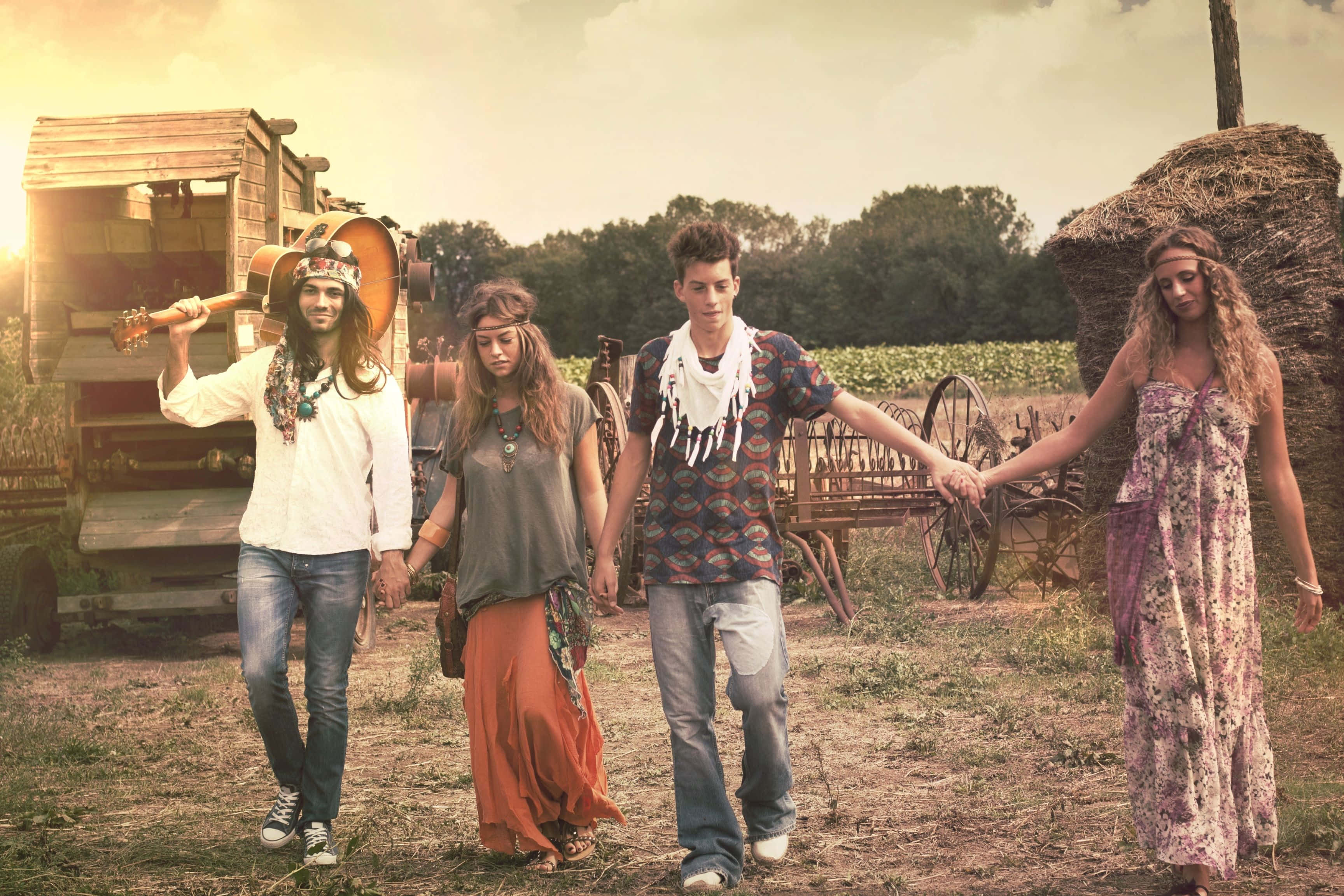 boho hippie, summer vibes, sunlit rural field, 2K Desktop Wallpaper